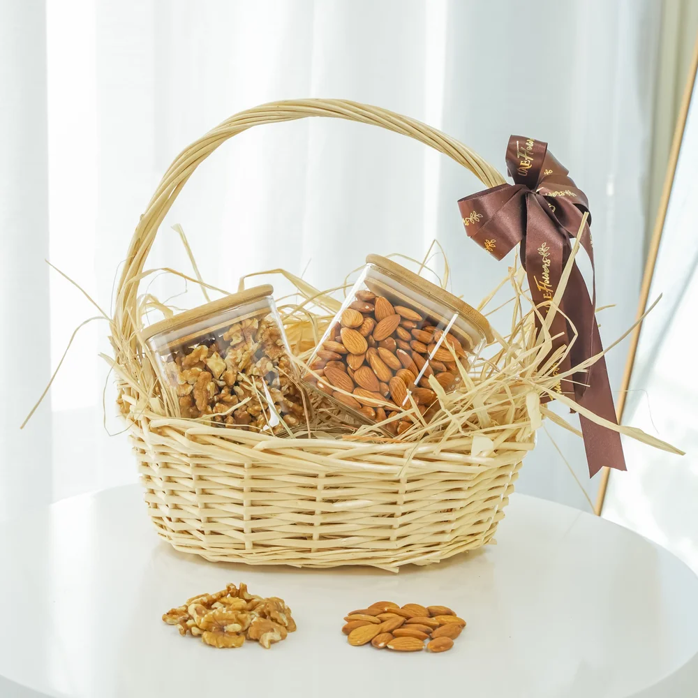 Walnuts and Almonds in a handle basket.