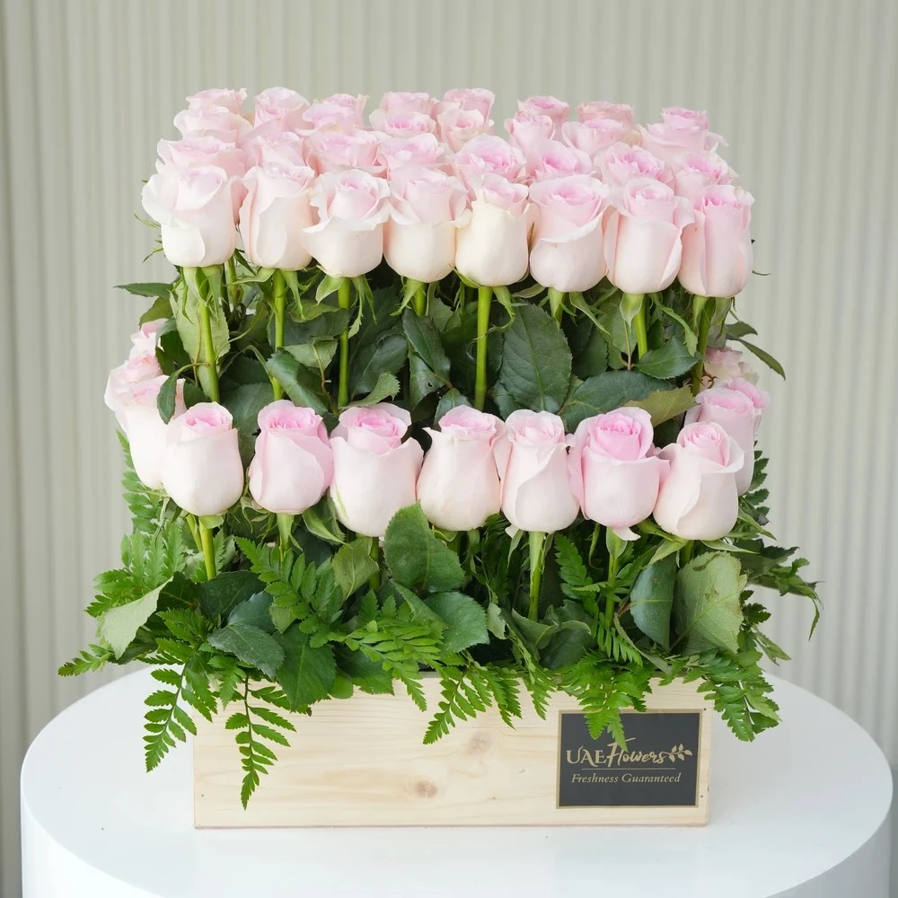Pink Roses in Wooden Tray