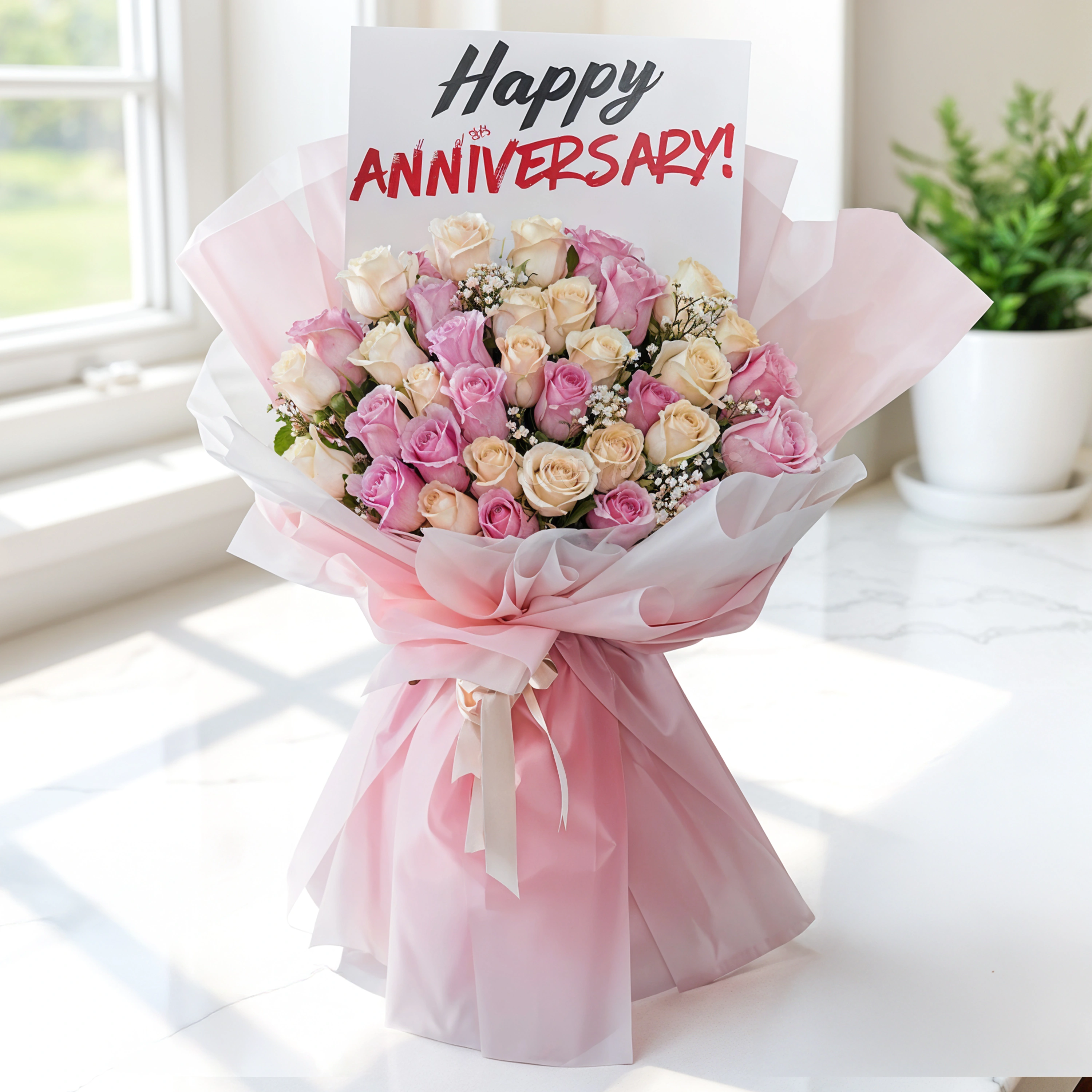 Bouquet of 15 pink roses and 20 white roses with green fillers in nice wrapping.