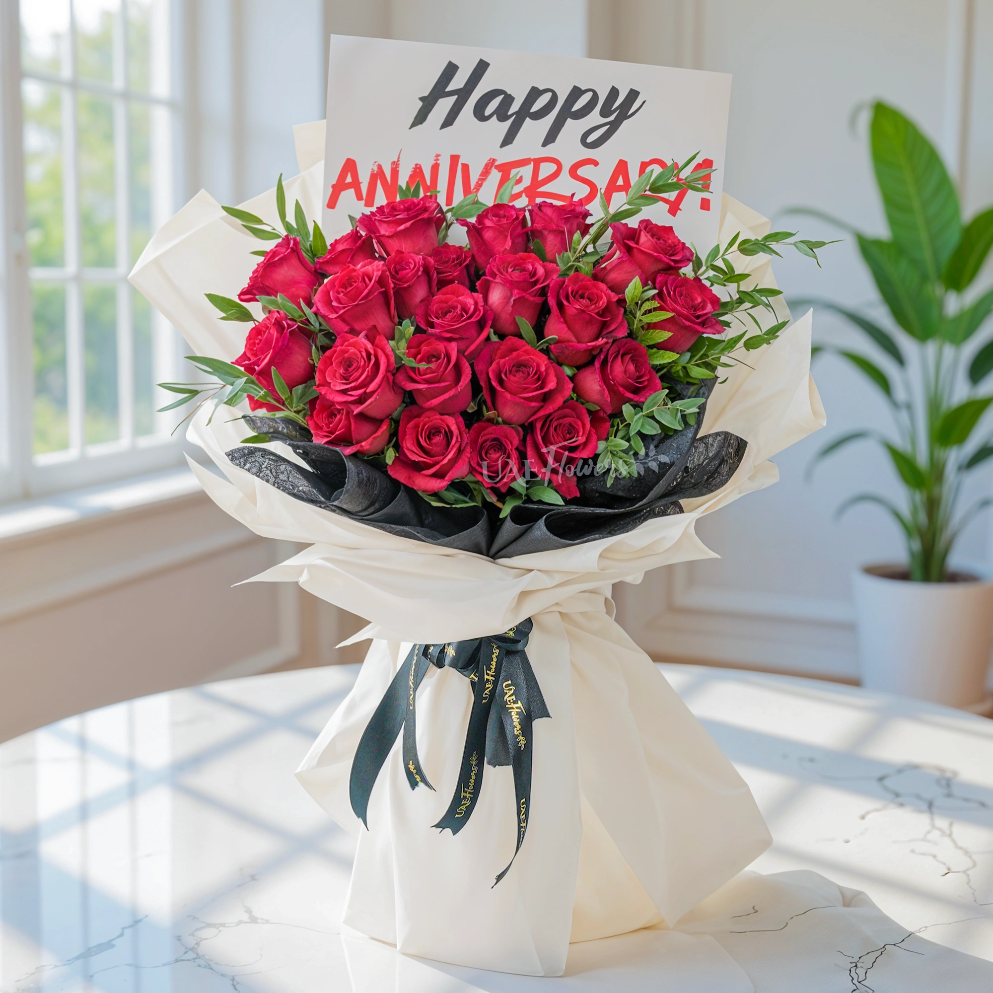 Bouquet of 20 red roses with green fillers in paper packing