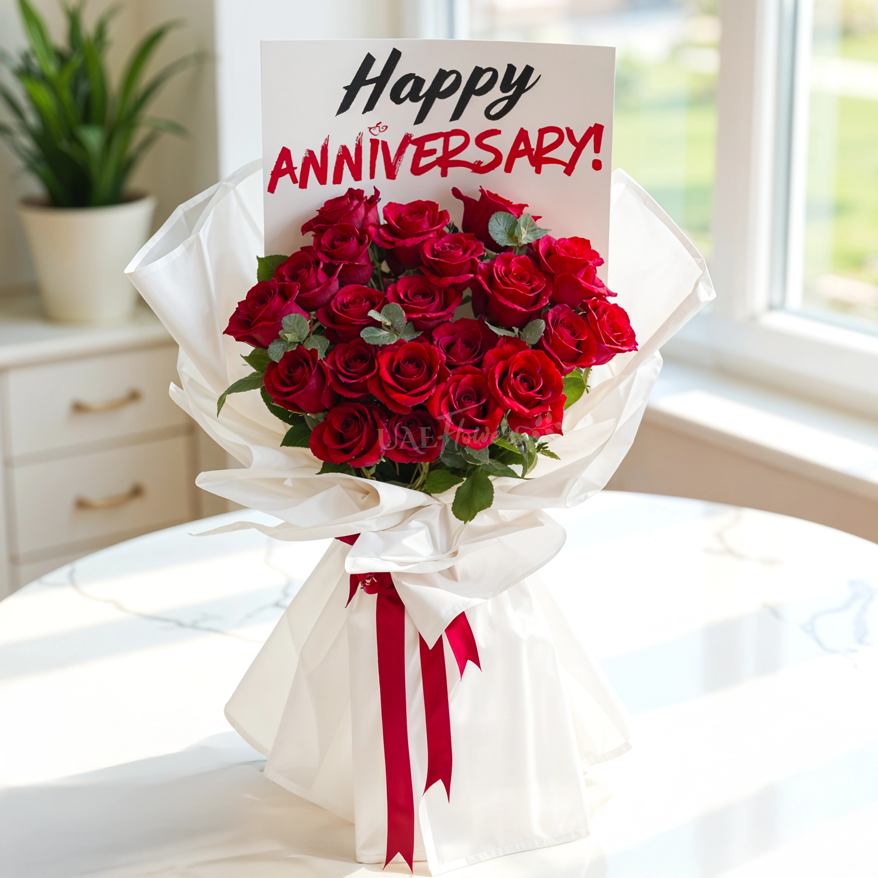 Bouquet of 15 red roses with green fillers in white wrapping.