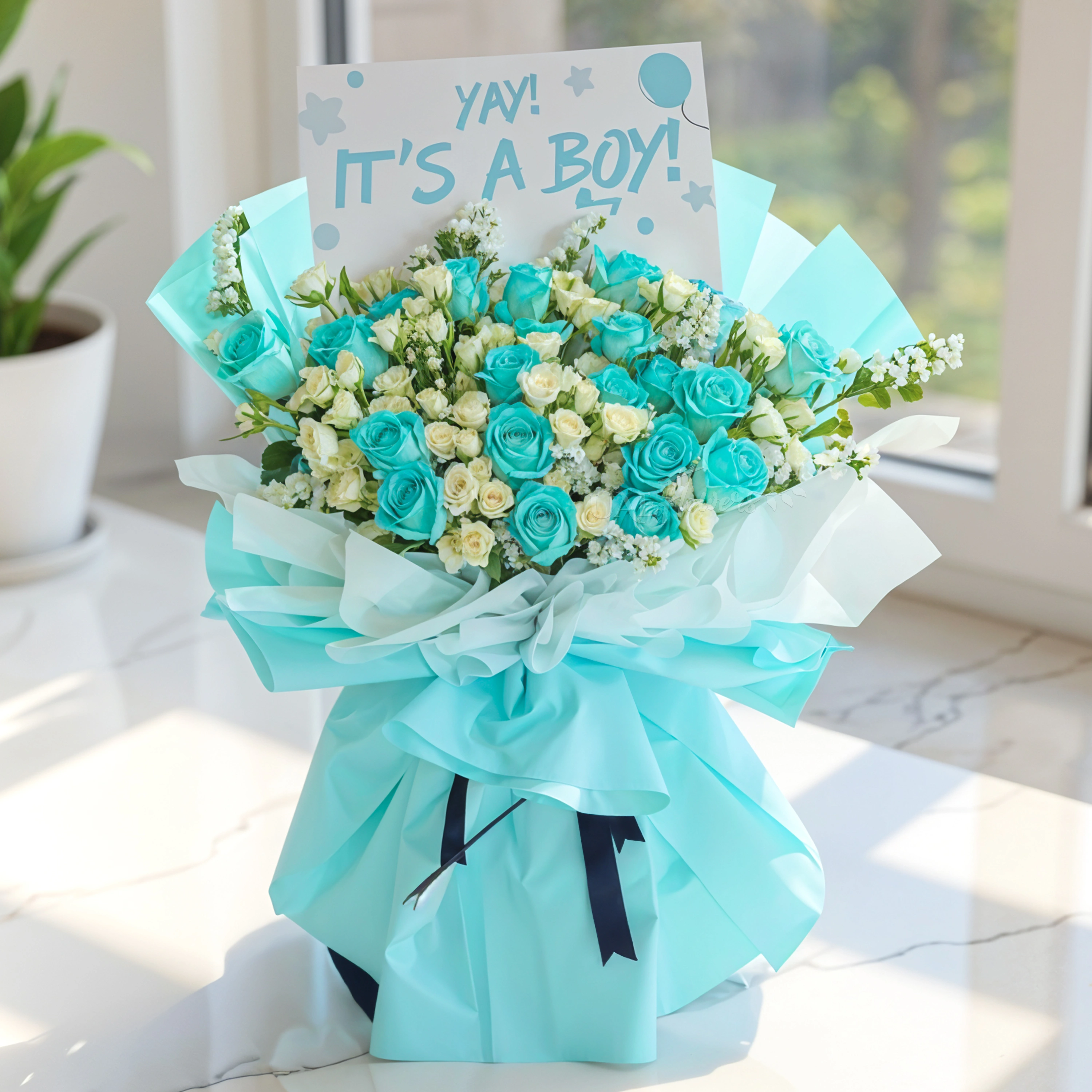 Bouquet of 20 blue roses and 10 white spray roses, white statis in nice wrapping