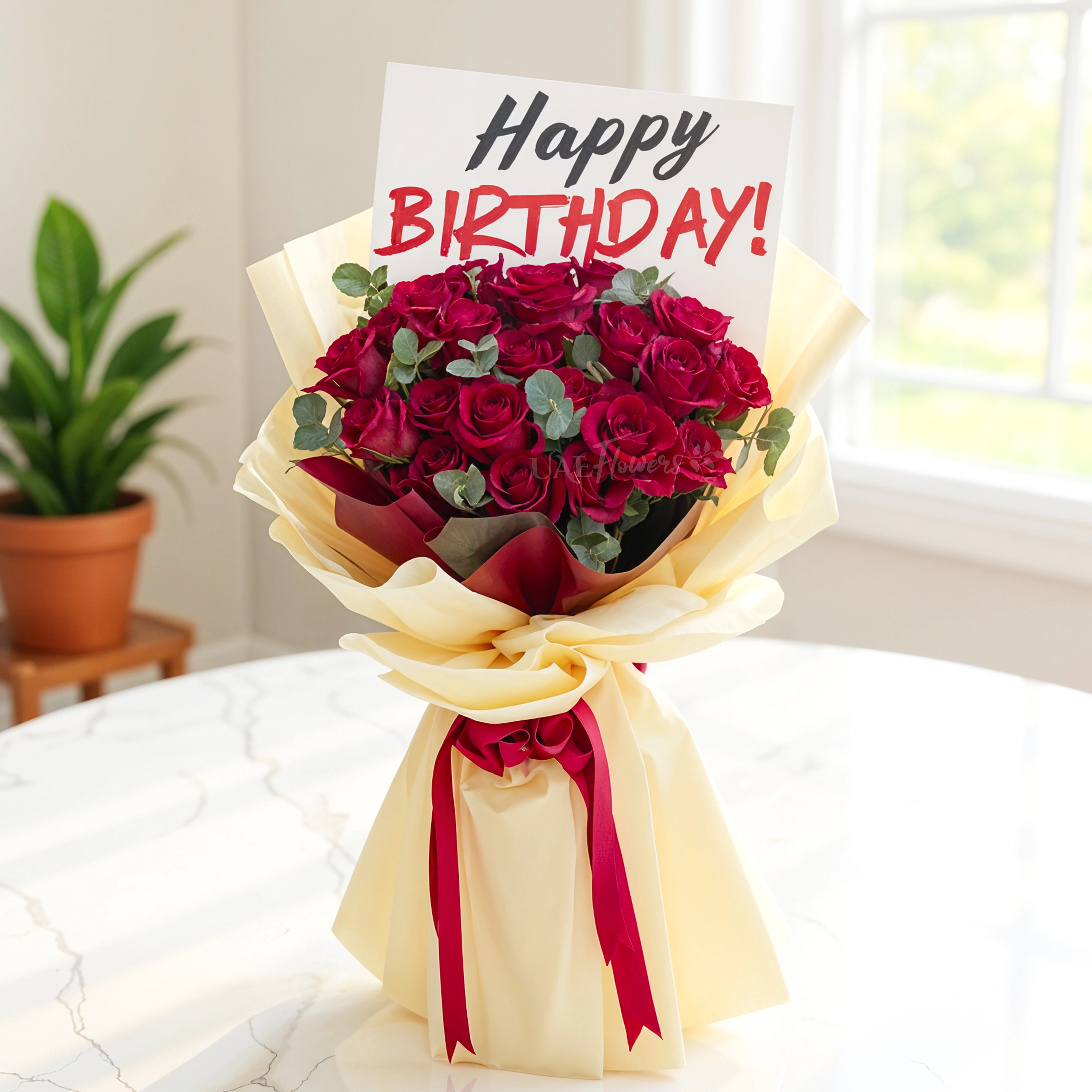 Bouquet of 20 red roses with green fillers in nice wrapping.