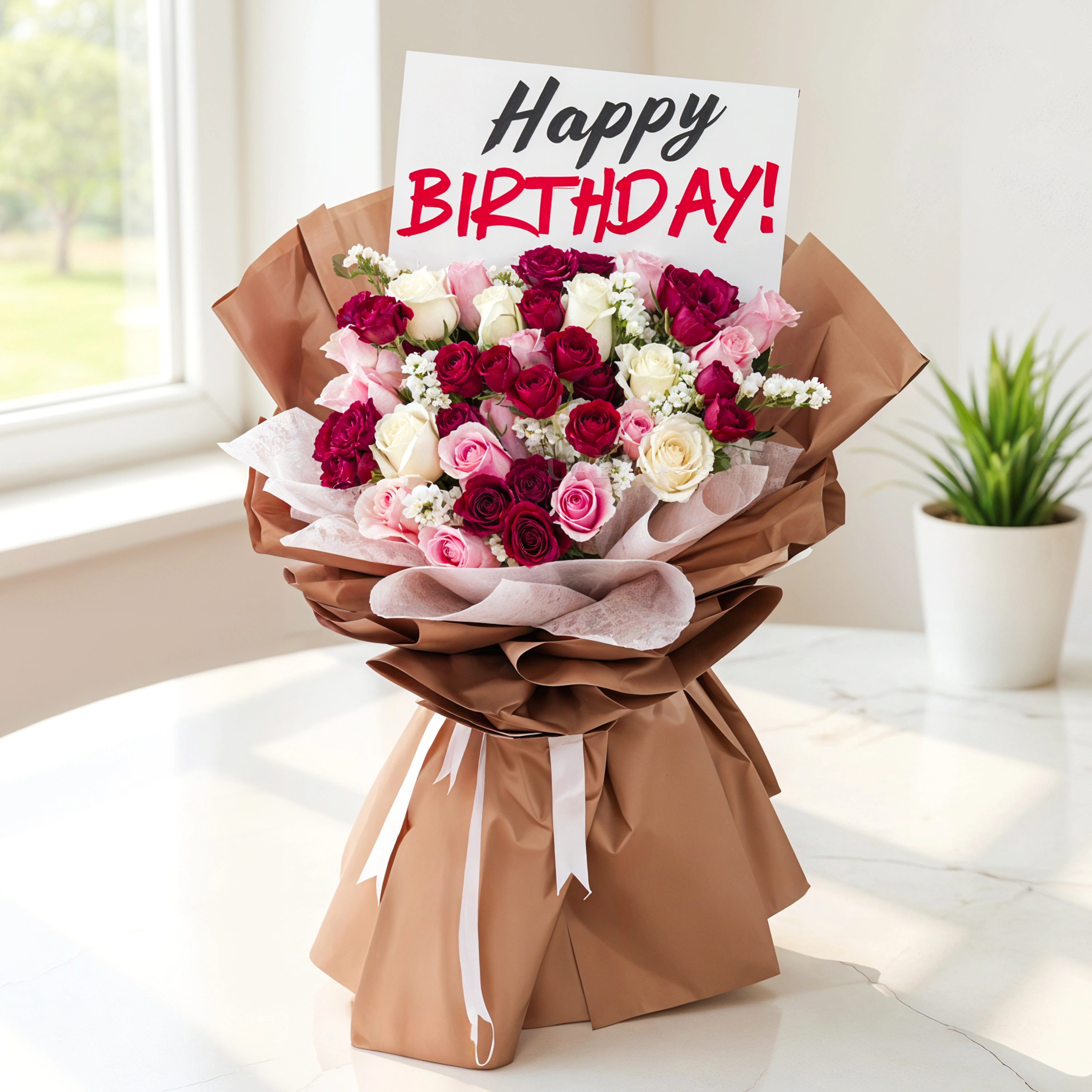 Bouquet of 20 pink and white roses, 5 red spray roses and white statis with green fillers in nice wrapping.