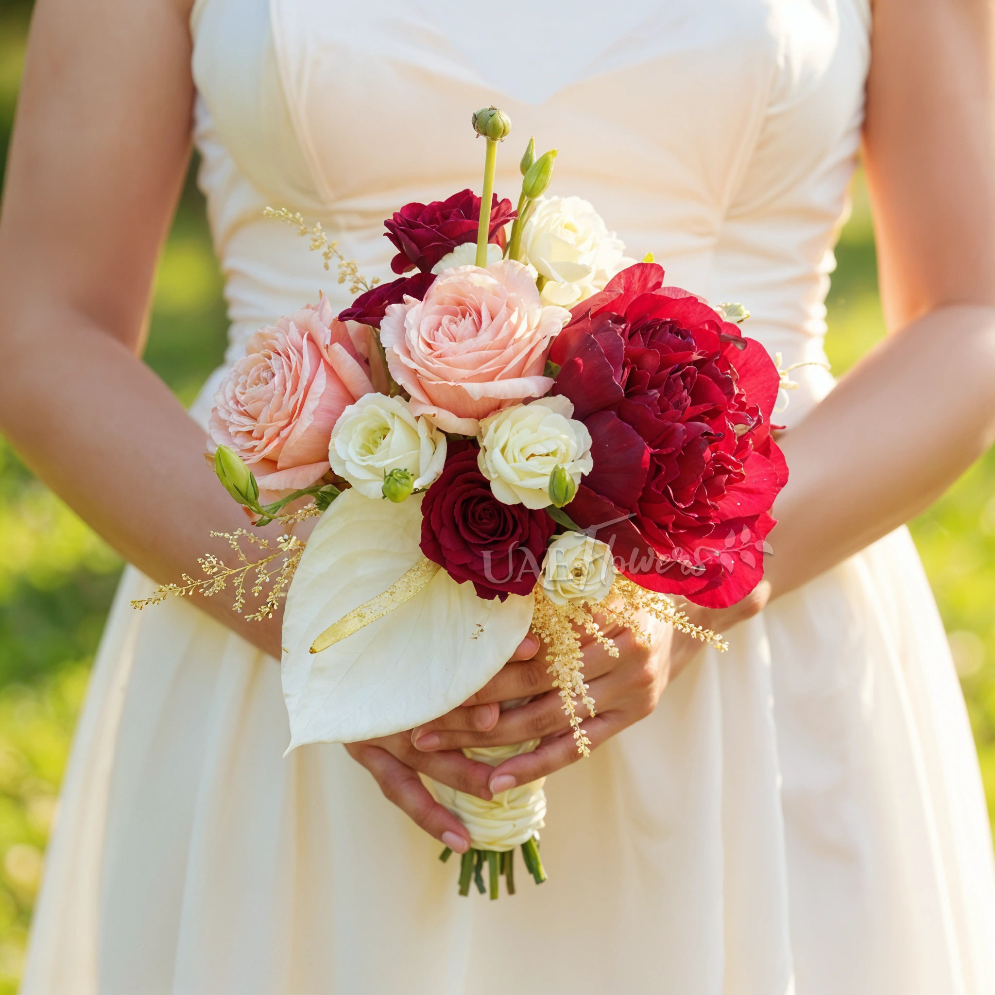 Bridal hand-tied bouquet of 1 red peony, 5 white lisianthus, 1 white anthurium, 5 pink roses with white astilbe.