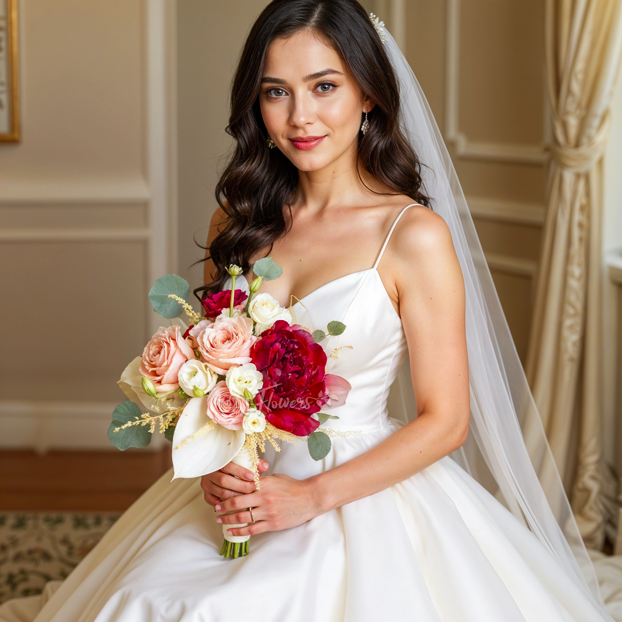 Bridal hand-tied bouquet of 1 red peony, 5 white lisianthus, 1 white anthurium, 5 pink roses with white astilbe.