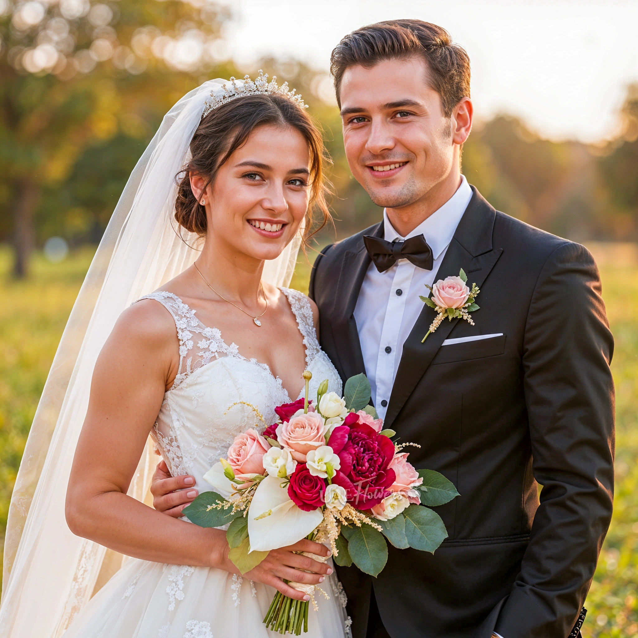Bridal hand-tied bouquet of 1 red peony, 5 white lisianthus, 1 white anthurium, 5 pink roses with white astilbe.