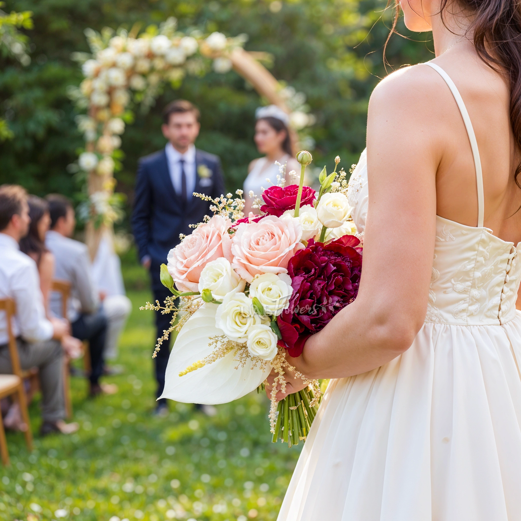 Bridal hand-tied bouquet of 1 red peony, 5 white lisianthus, 1 white anthurium, 5 pink roses with white astilbe.