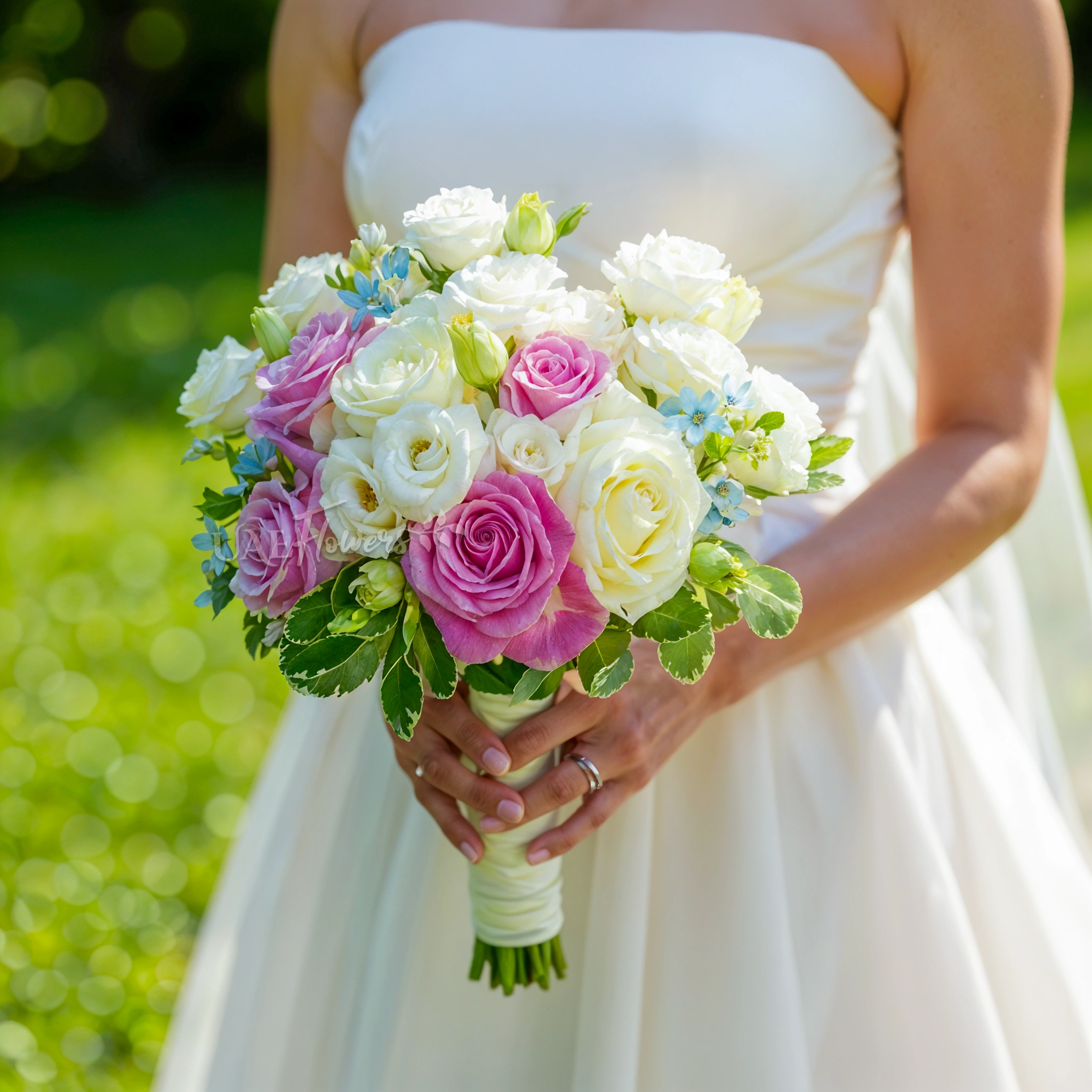 Bridal hand-tied bouquet of 15 pink and white roses, 5 white lisianthus and blue oxypetalum with greens.