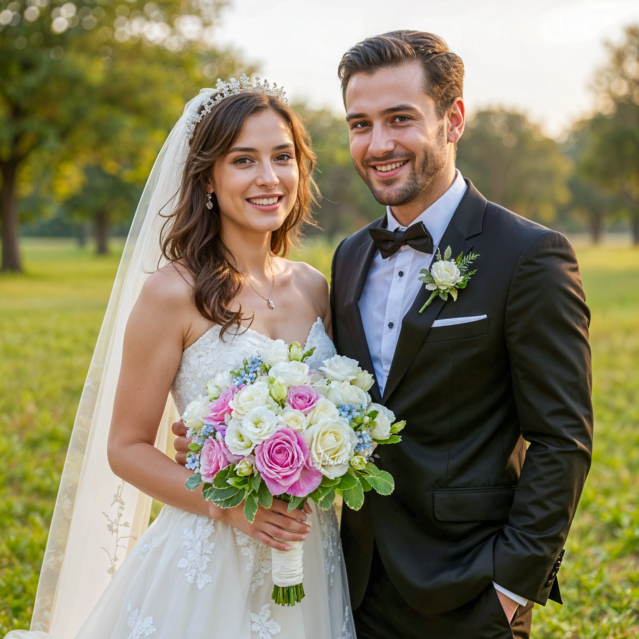 Bridal hand-tied bouquet of 15 pink and white roses, 5 white lisianthus and blue oxypetalum with greens.