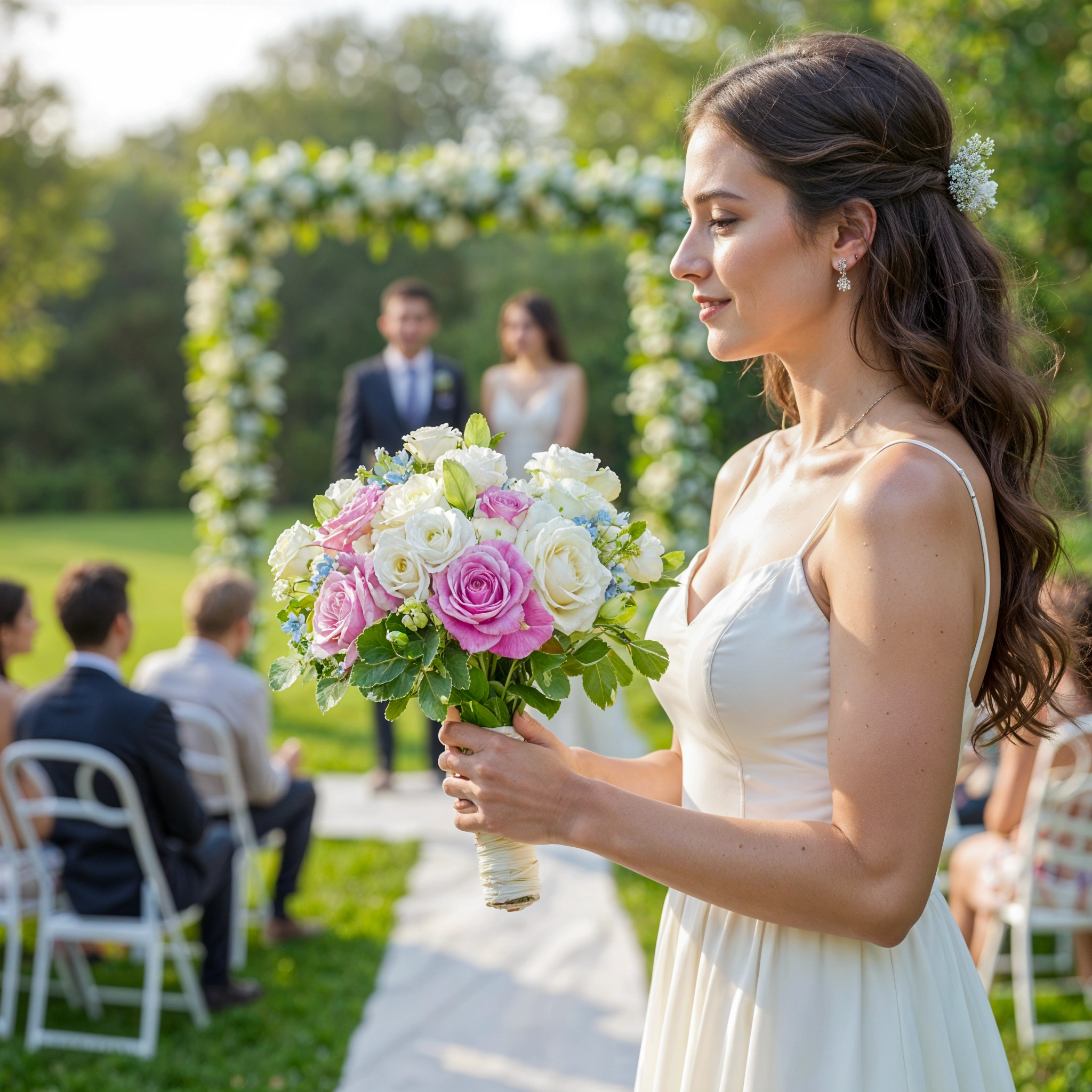 Bridal hand-tied bouquet of 15 pink and white roses, 5 white lisianthus and blue oxypetalum with greens.
