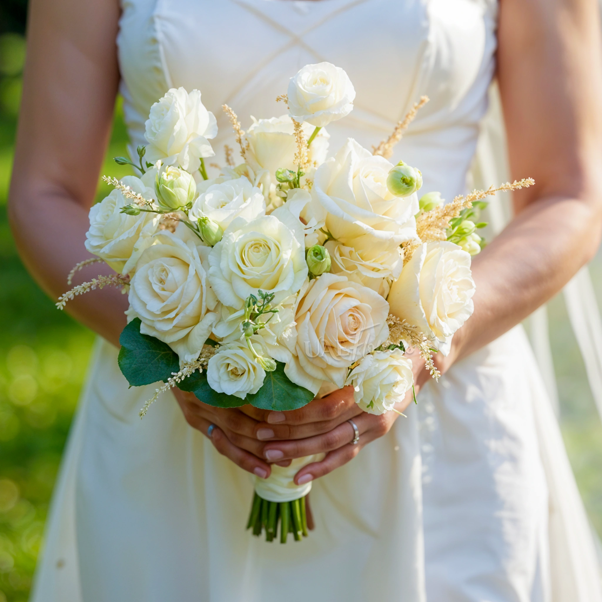 Bridal hand-tied bouquet of 15 white roses and 5 white lisianthus with greens.