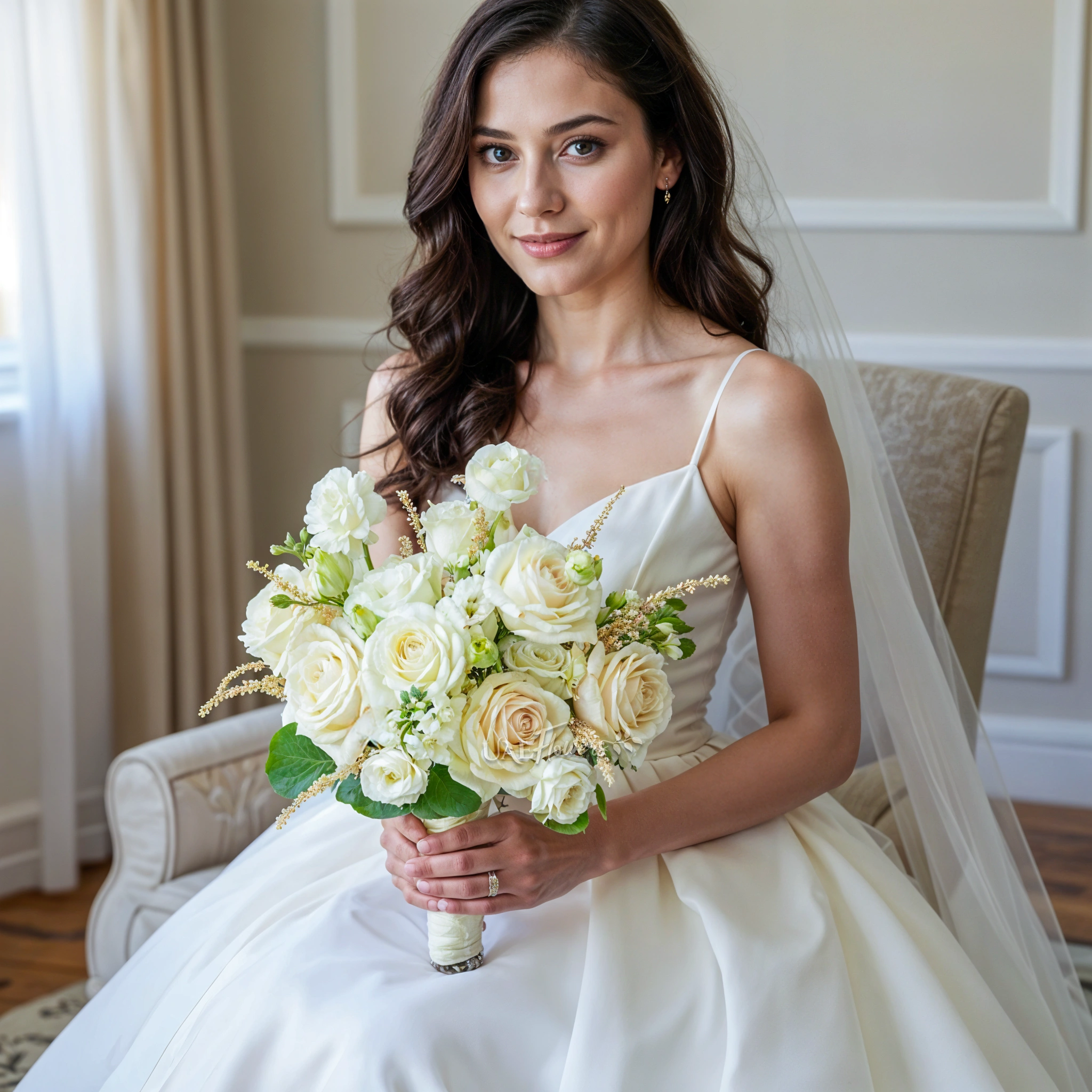 Bridal hand-tied bouquet of 15 white roses and 5 white lisianthus with greens.