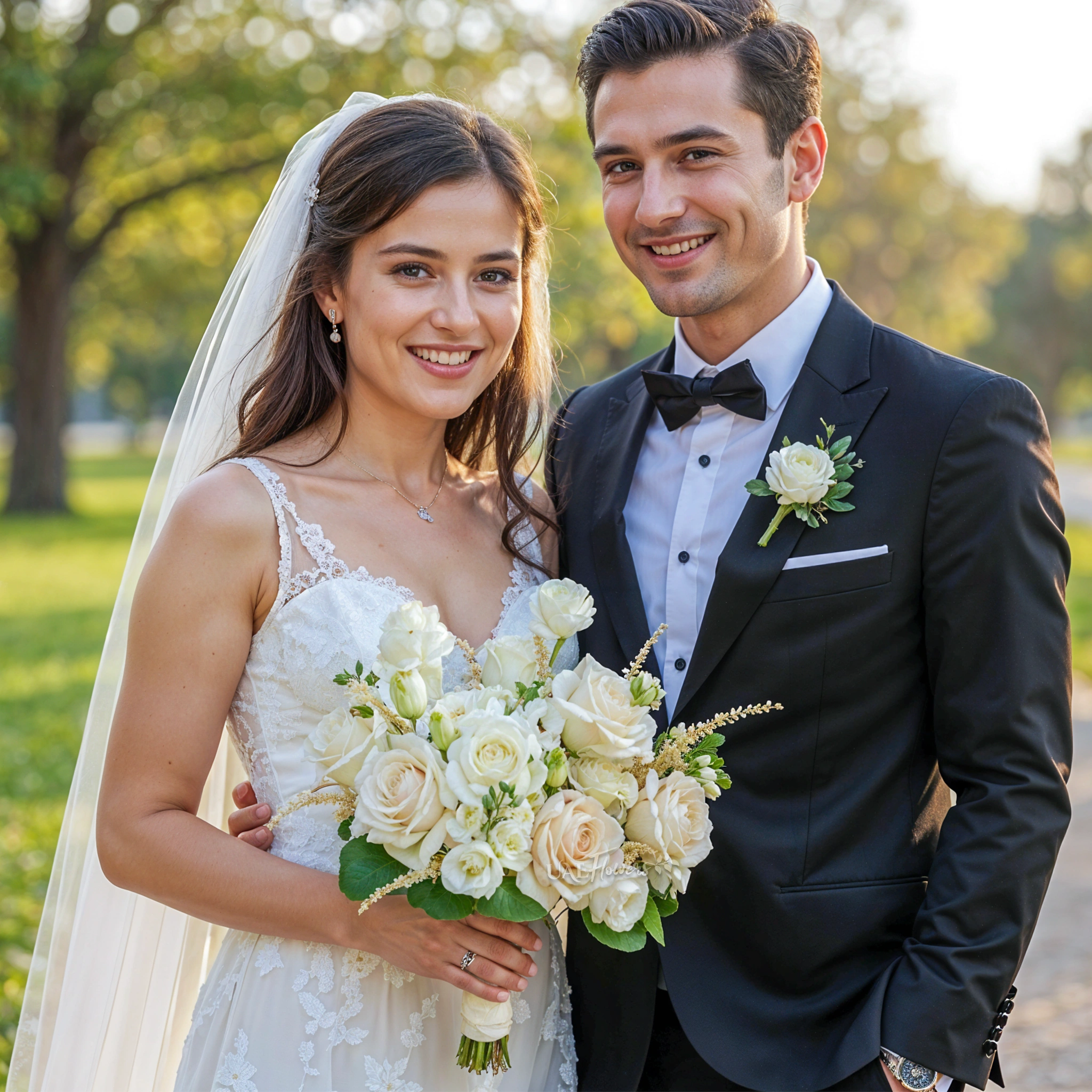 Bridal hand-tied bouquet of 15 white roses and 5 white lisianthus with greens.