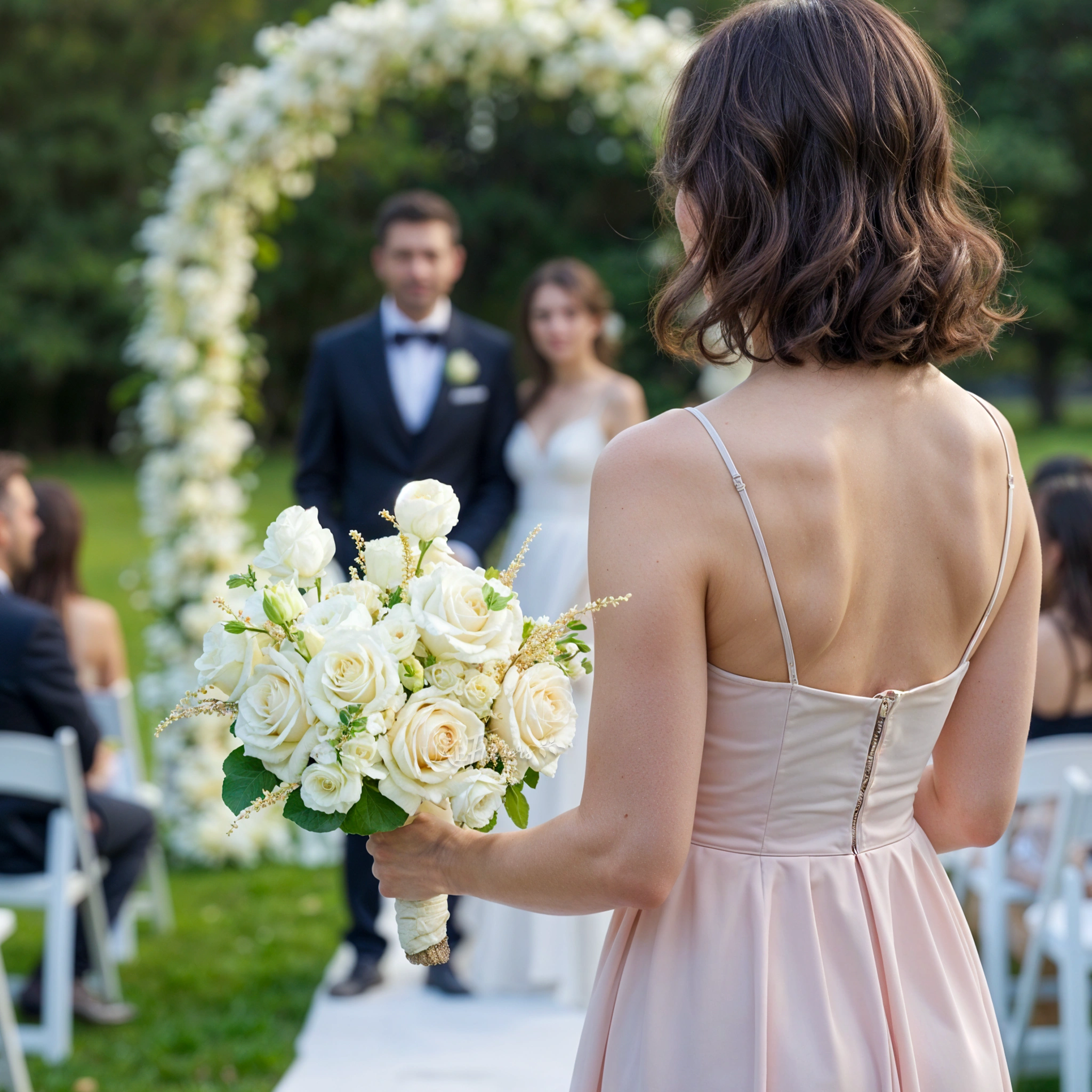 Bridal hand-tied bouquet of 15 white roses and 5 white lisianthus with greens.