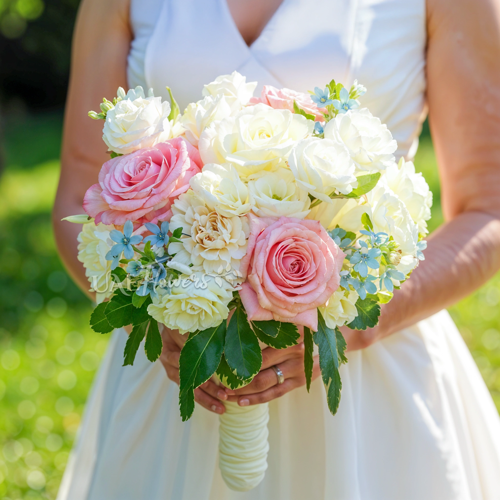 Bridal hand-tied bouquet of 10 white and pink roses, 10 white lisianthus and blue oxypetalum with greens.