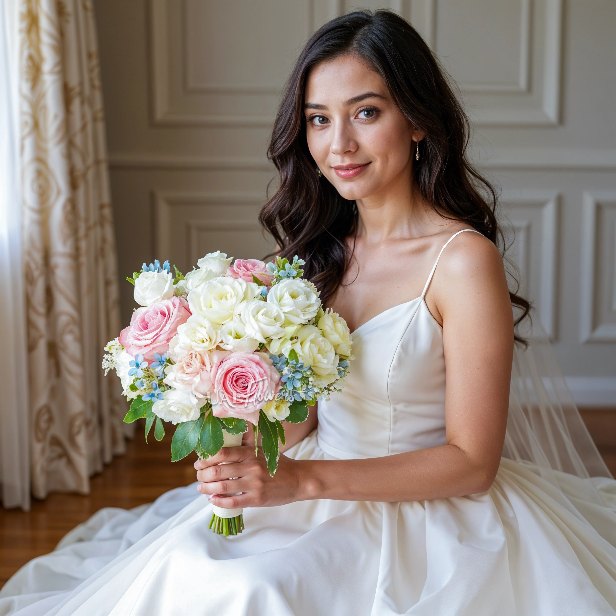 Bridal hand-tied bouquet of 10 white and pink roses, 10 white lisianthus and blue oxypetalum with greens.