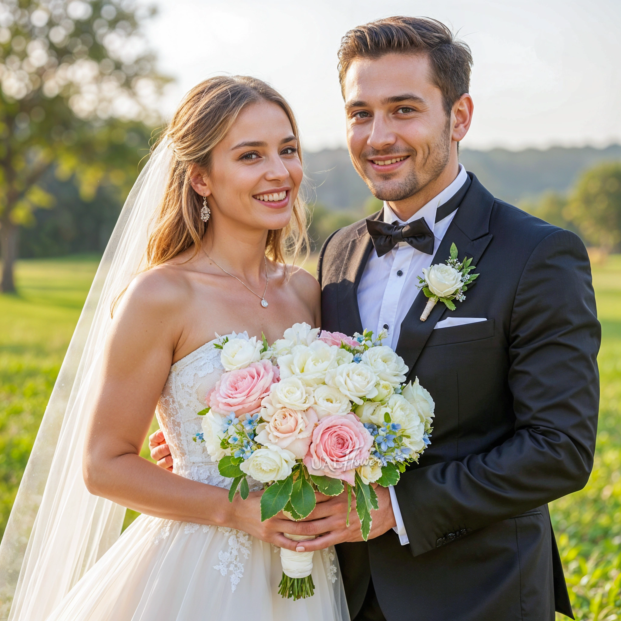 Bridal hand-tied bouquet of 10 white and pink roses, 10 white lisianthus and blue oxypetalum with greens.