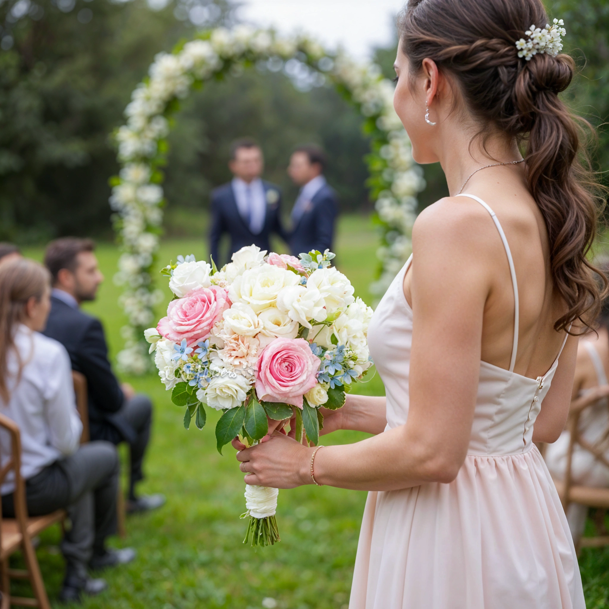 Bridal hand-tied bouquet of 10 white and pink roses, 10 white lisianthus and blue oxypetalum with greens.