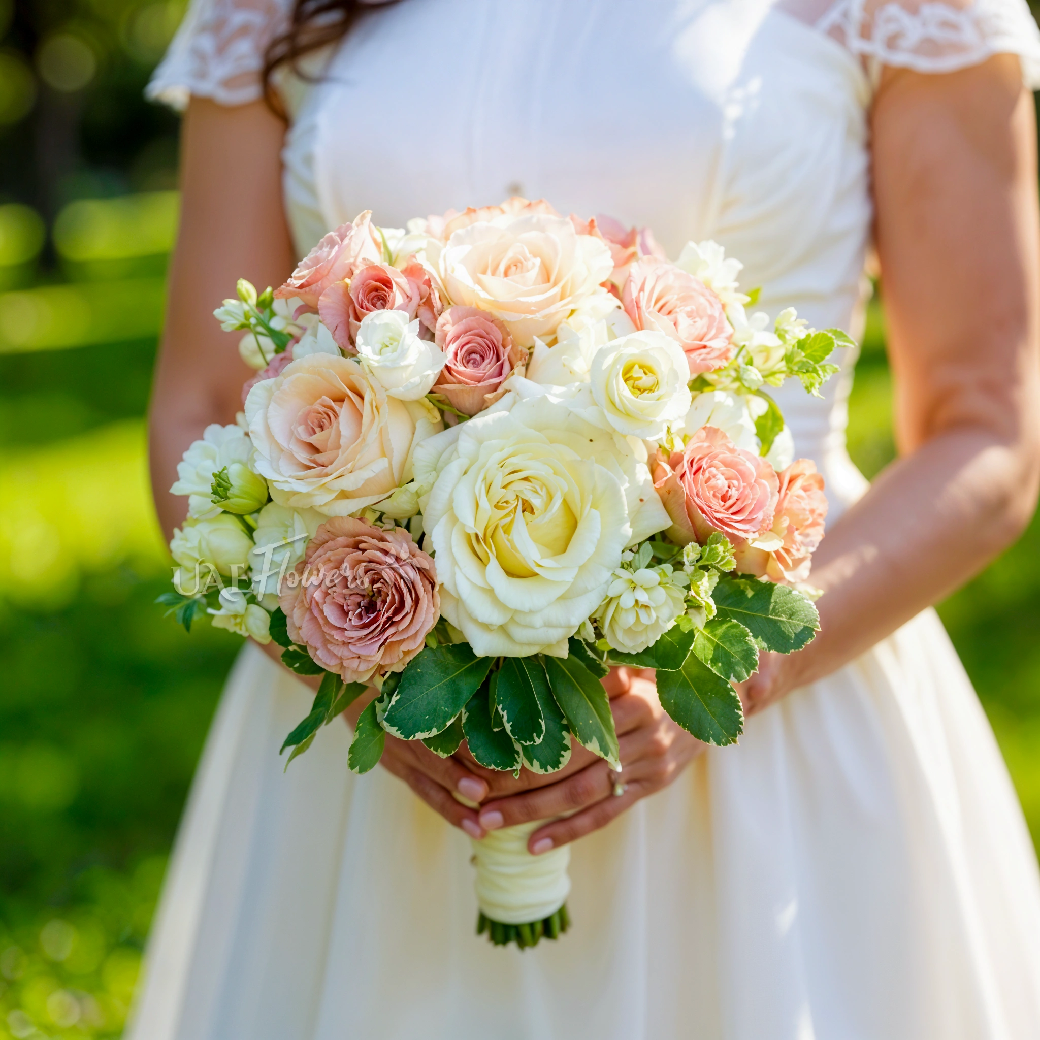 Bridal hand-tied bouquet of 10 cappuccino roses, 10 white roses, 5 white lisianthus and white oxypetalum with greens.
