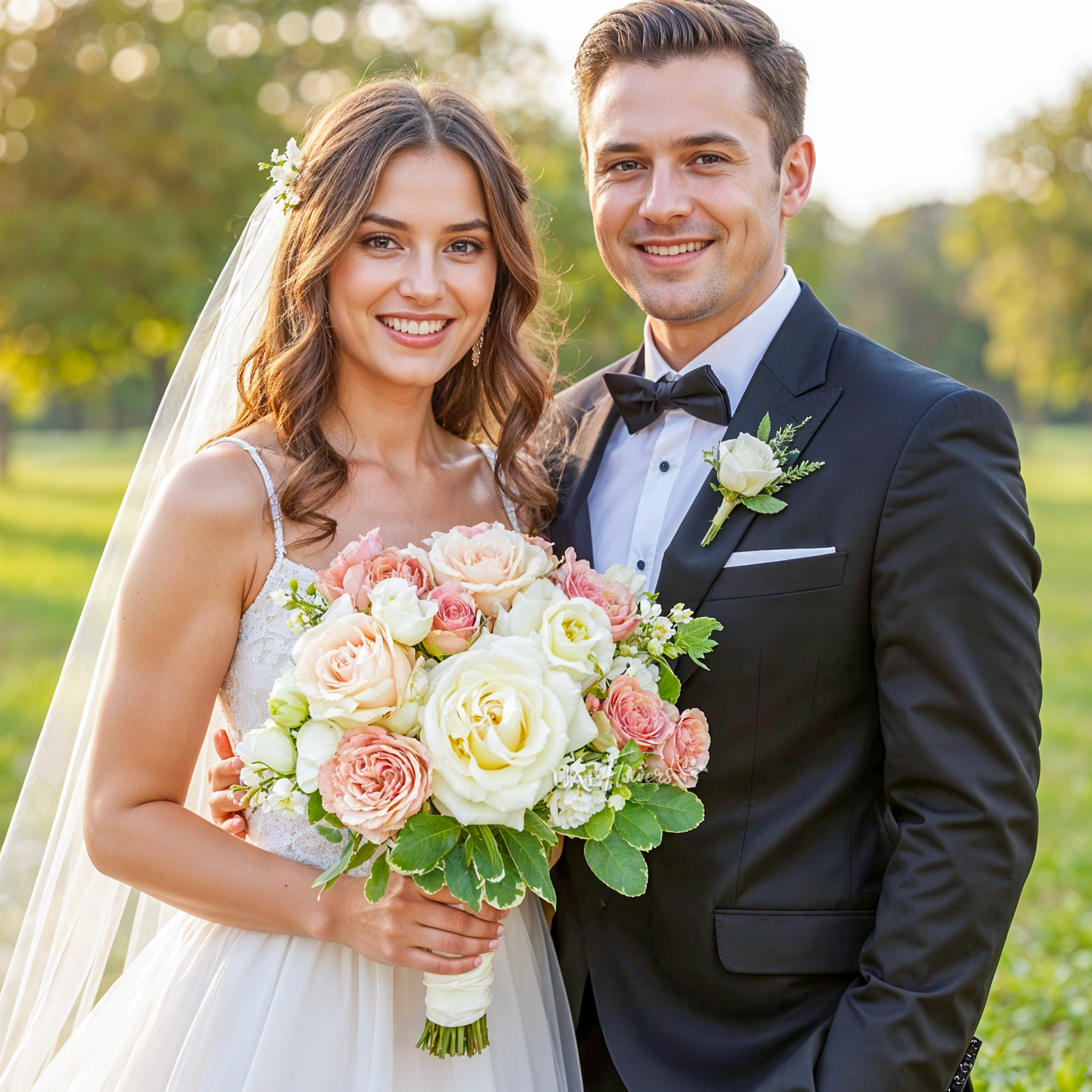 Bridal hand-tied bouquet of 10 cappuccino roses, 10 white roses, 5 white lisianthus and white oxypetalum with greens.