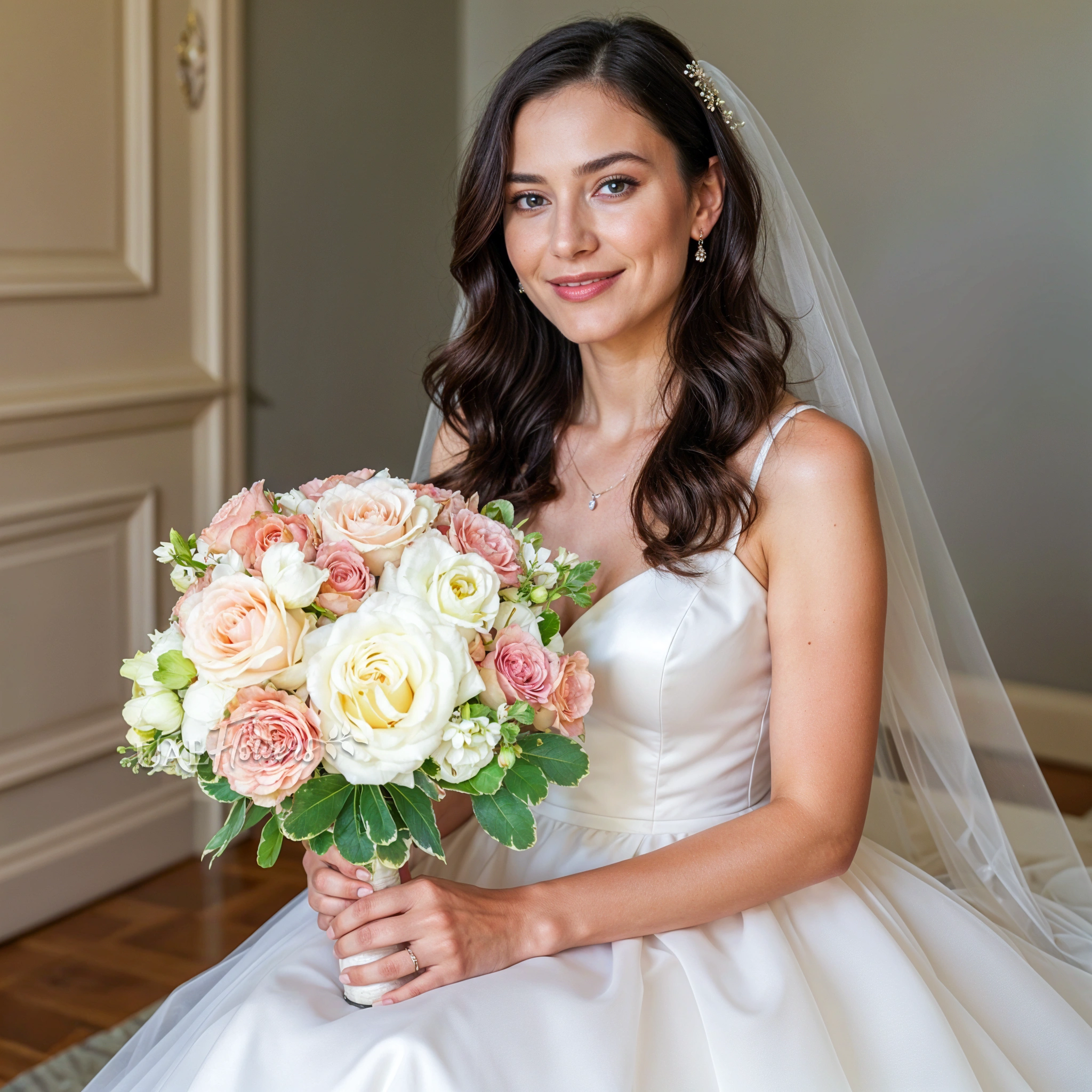 Bridal hand-tied bouquet of 10 cappuccino roses, 10 white roses, 5 white lisianthus and white oxypetalum with greens.