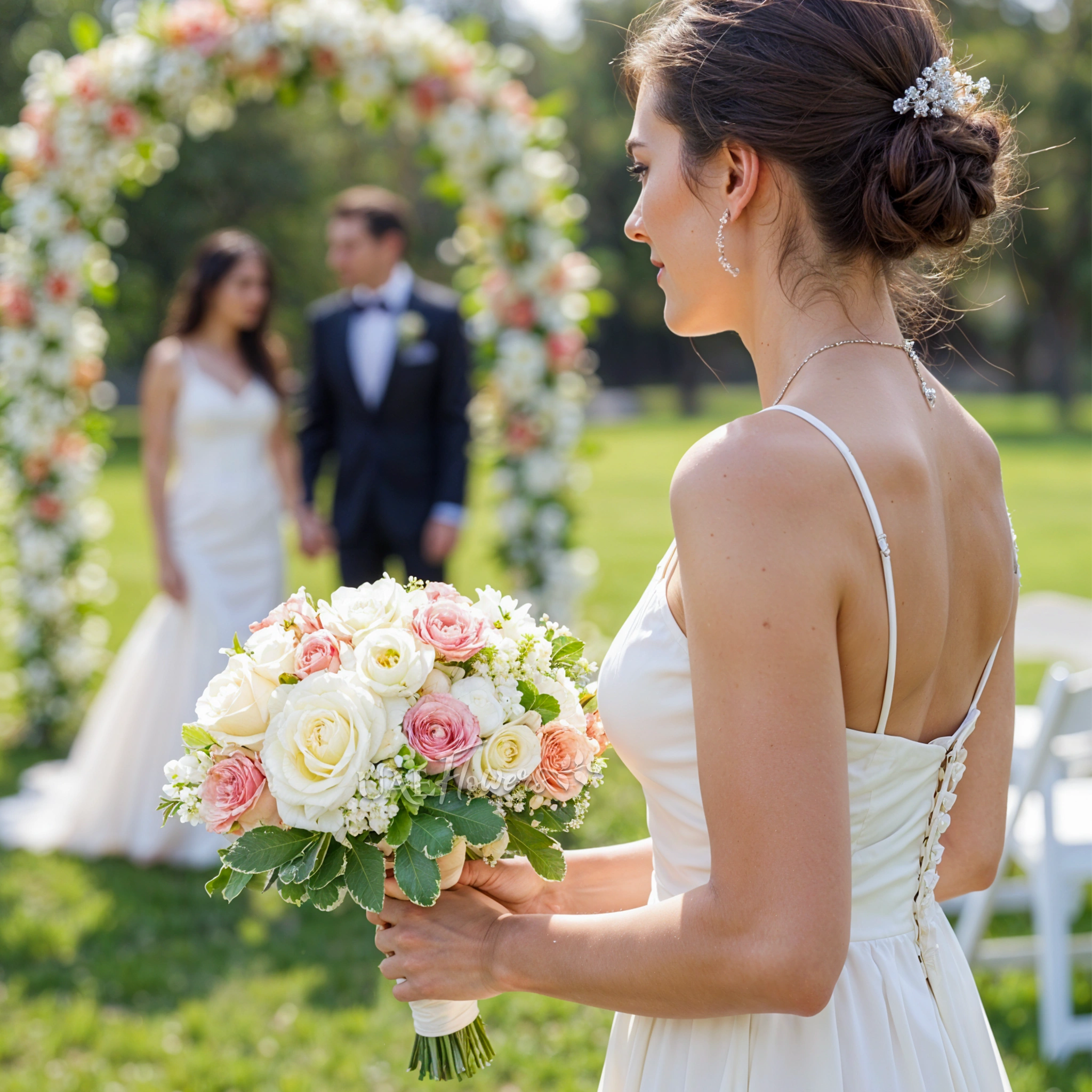 Bridal hand-tied bouquet of 10 cappuccino roses, 10 white roses, 5 white lisianthus and white oxypetalum with greens.