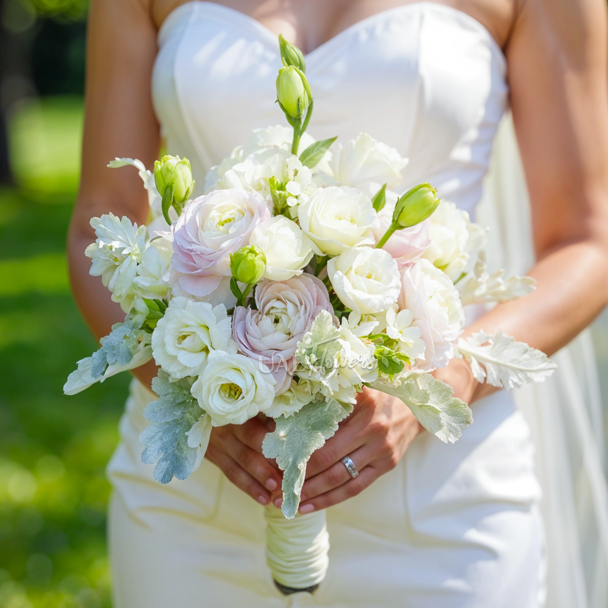 Bridal hand-tied bouquet of 10 purple ranunculus, 10 white lisianthus and dusty miller fillers.