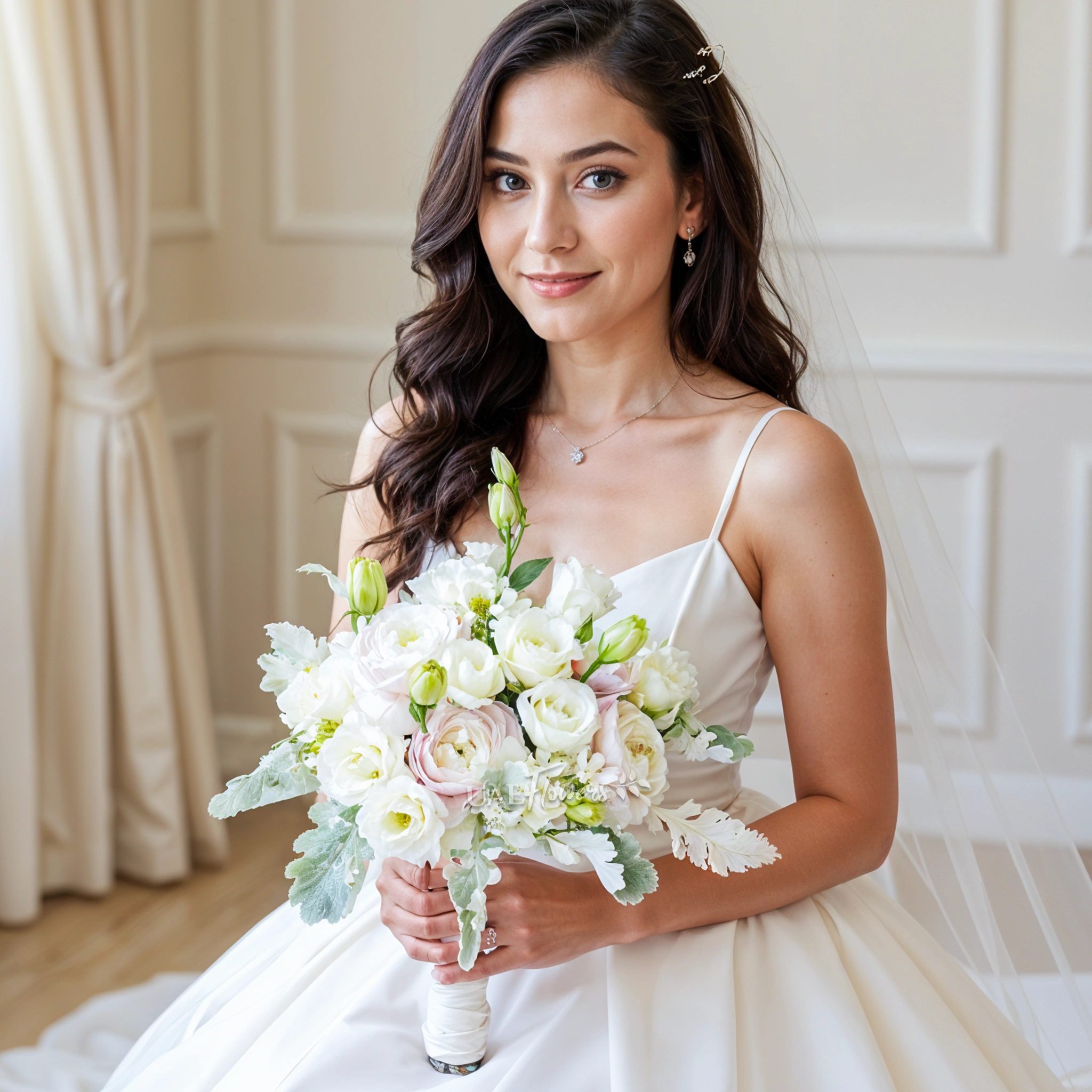 Bridal hand-tied bouquet of 10 purple ranunculus, 10 white lisianthus and dusty miller fillers.