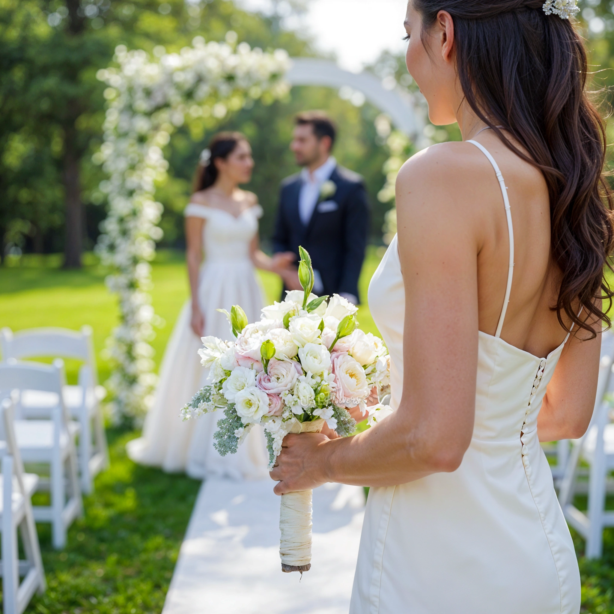 Bridal hand-tied bouquet of 10 purple ranunculus, 10 white lisianthus and dusty miller fillers.
