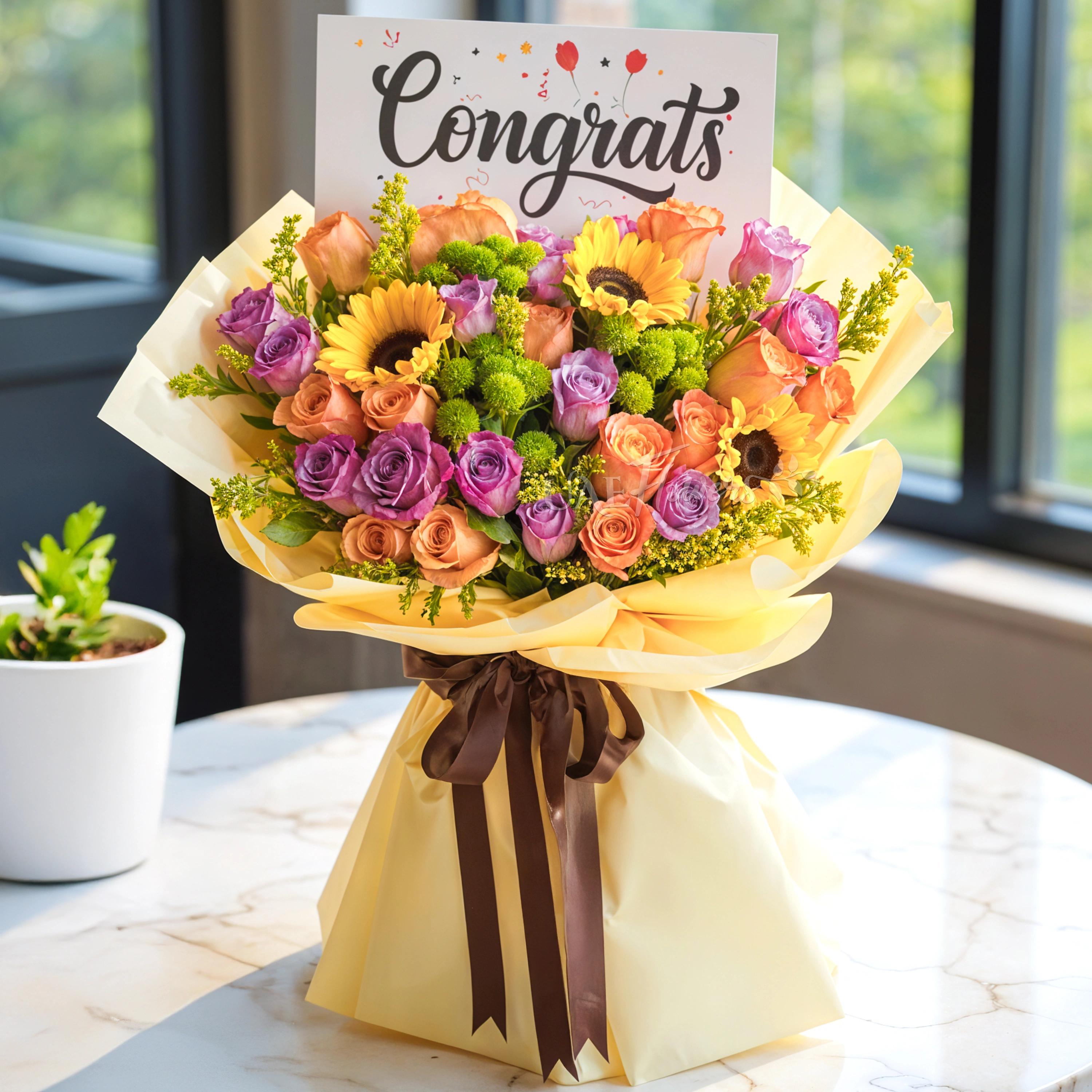 Bouquet of 3 sunflowers, 15 purple roses, 15 orange roses, 3 green button chrysanthemums with green fillers in nice wrapping.