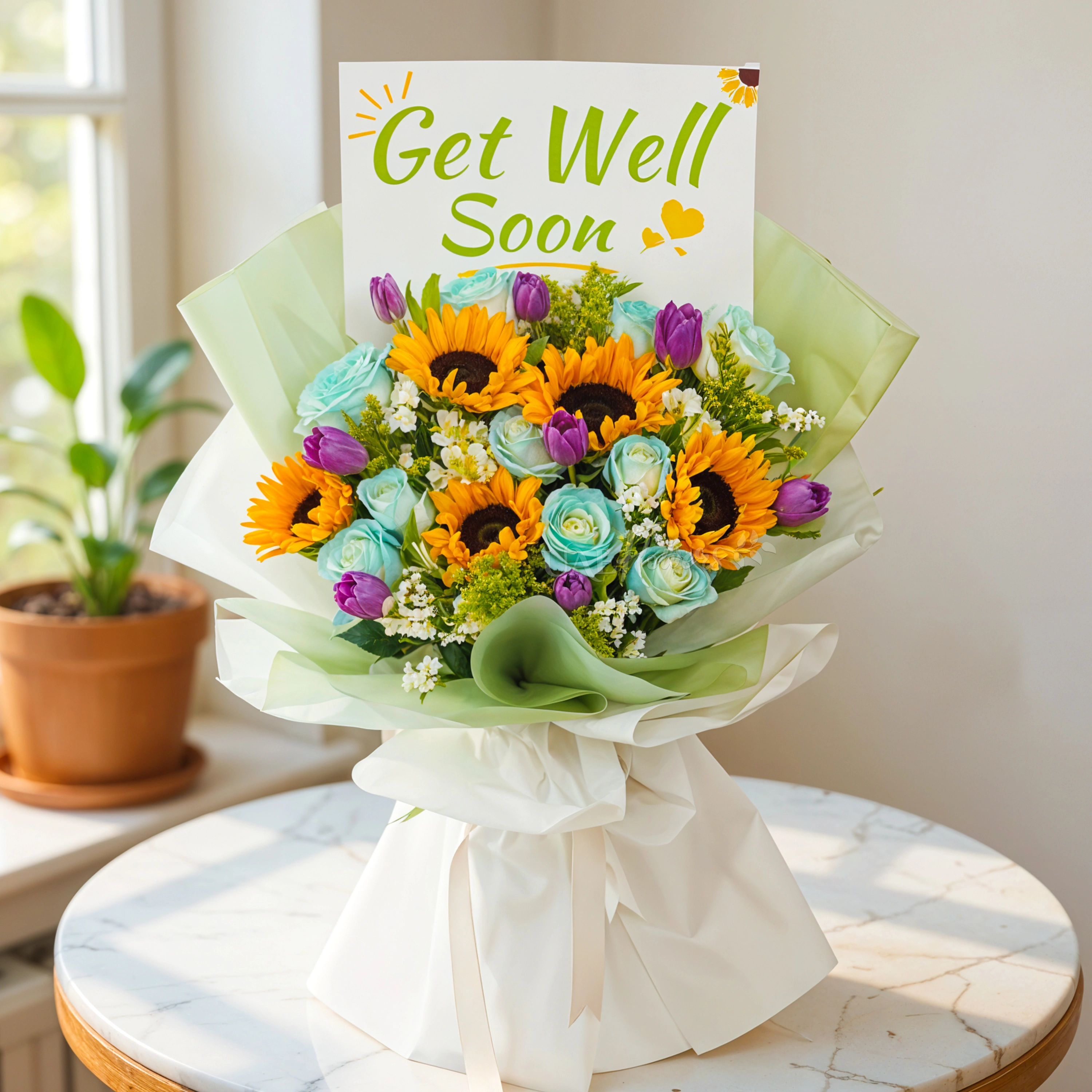 Bouquet of 5 sunflowers, 10 blue roses, 8 purple tulips, 3 white alstromeria and white statis with green fillers in nice wrapping.