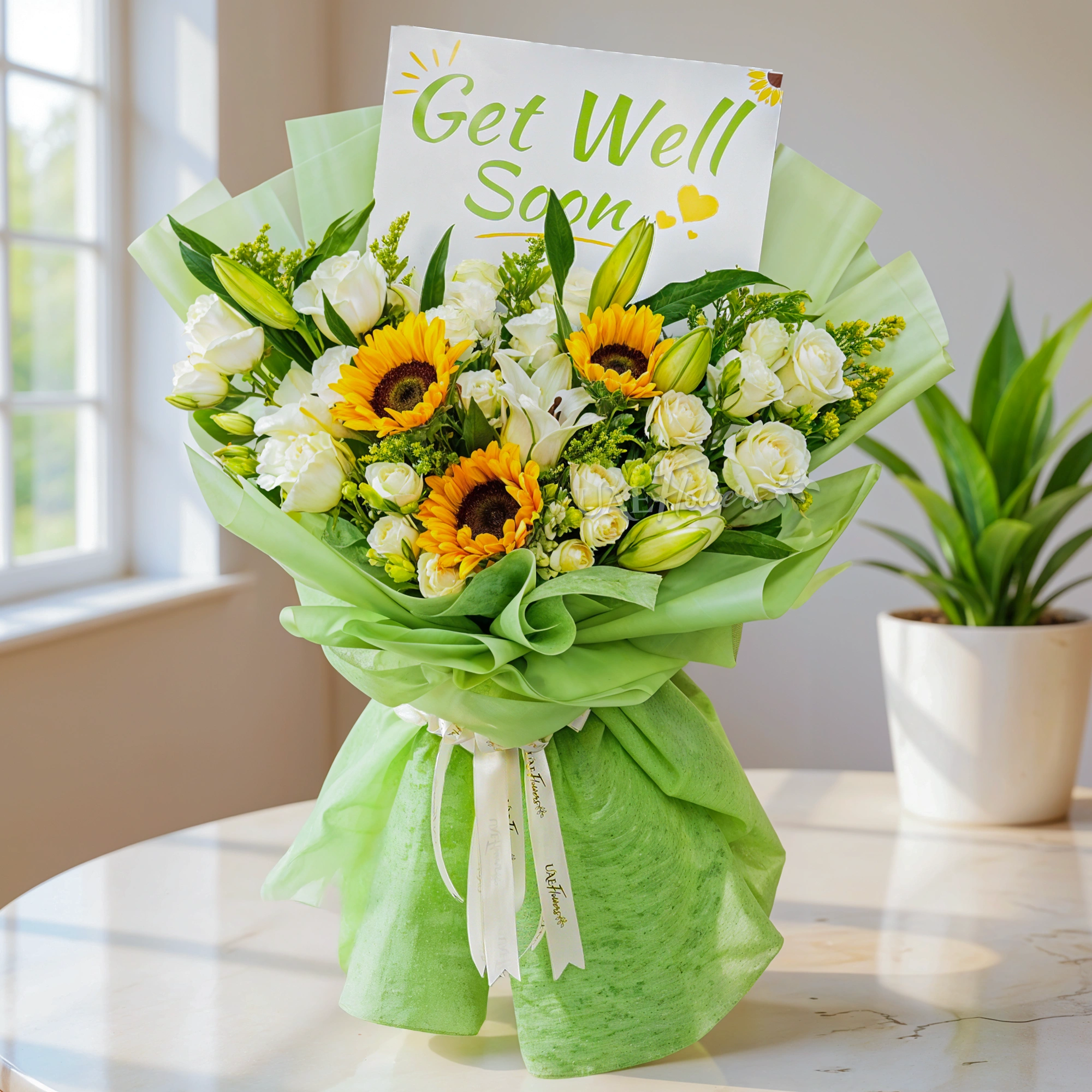 Bouquet of 10 white roses, 3 white spray roses, 2 white lilies and 3 sunflowers with green fillers