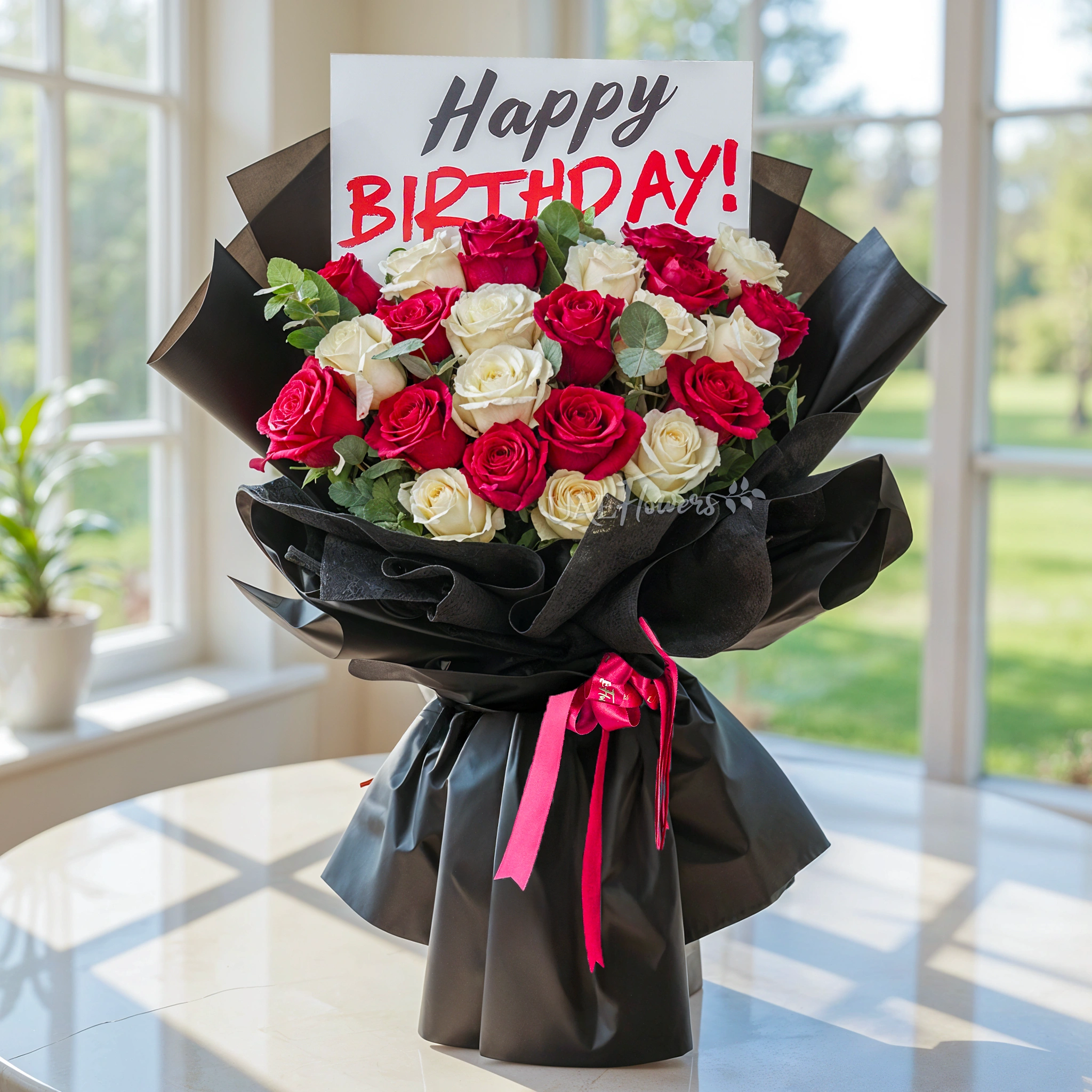 Bouquet of 20 red and white roses with green fillers in black wrapping with Happy Birthday Paper.