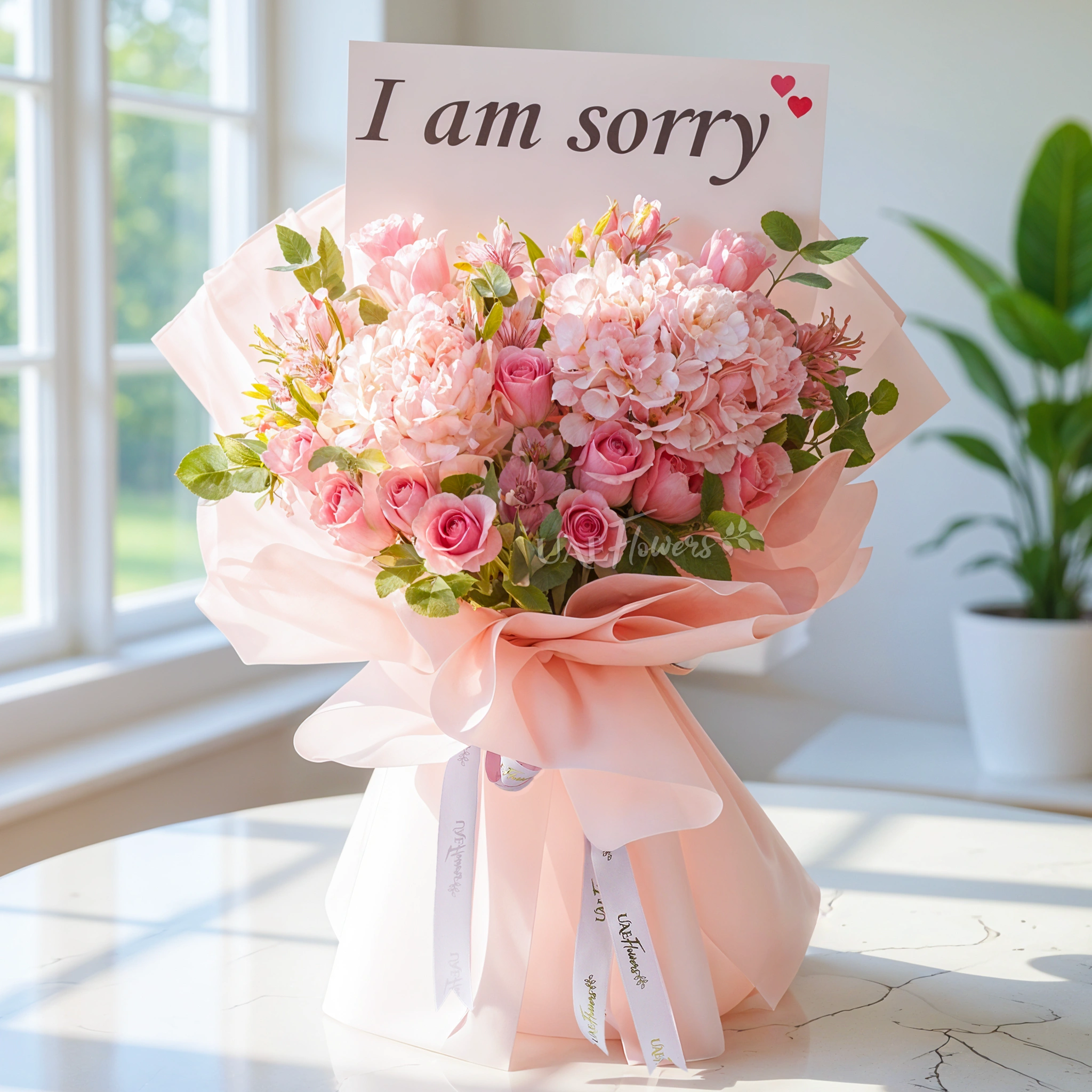Bouquet of 12 pink roses, 2 pink hydrangeas and 3 pink alstromeria with green fillers