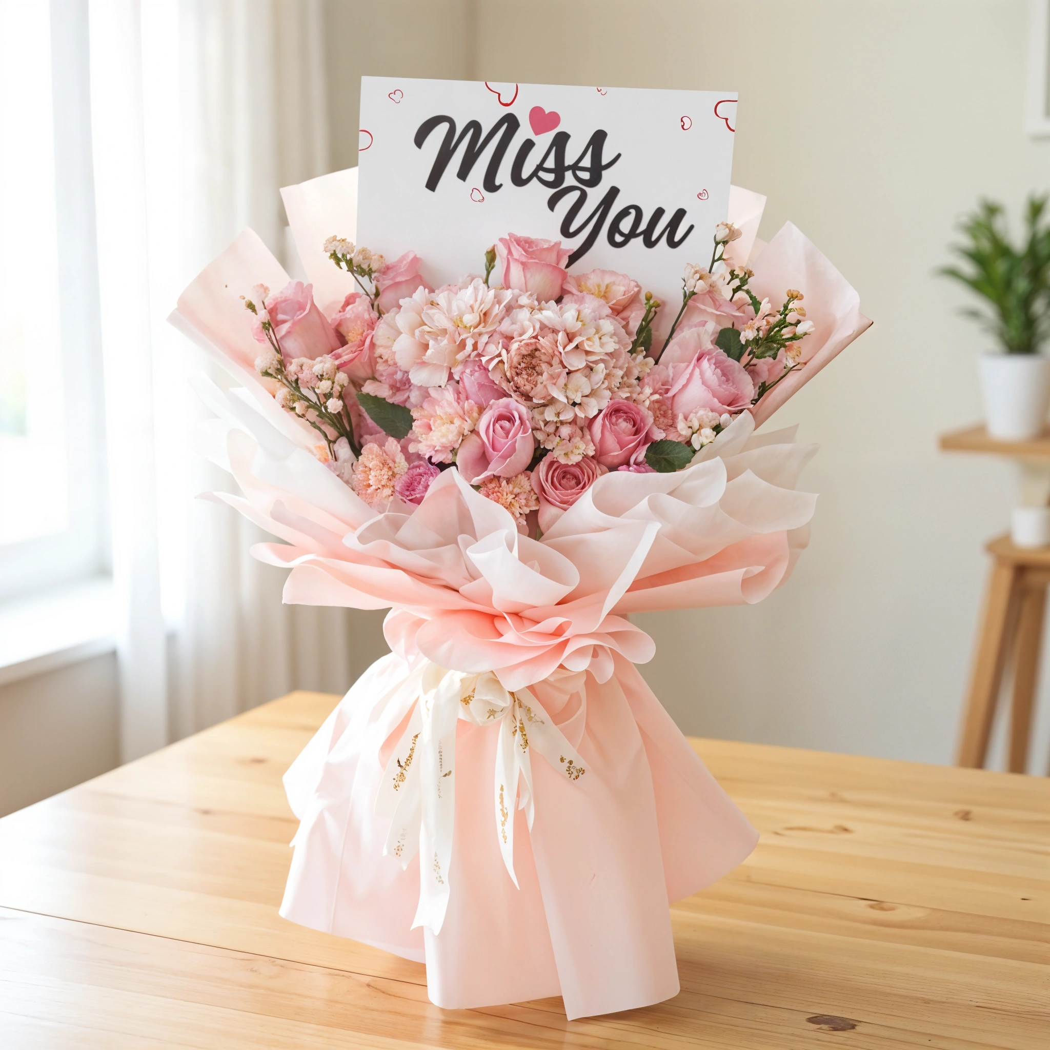 Bouquet of 10 pink roses, 2 pink hydrangeas, 5 pink carnations, pink statis with greens.