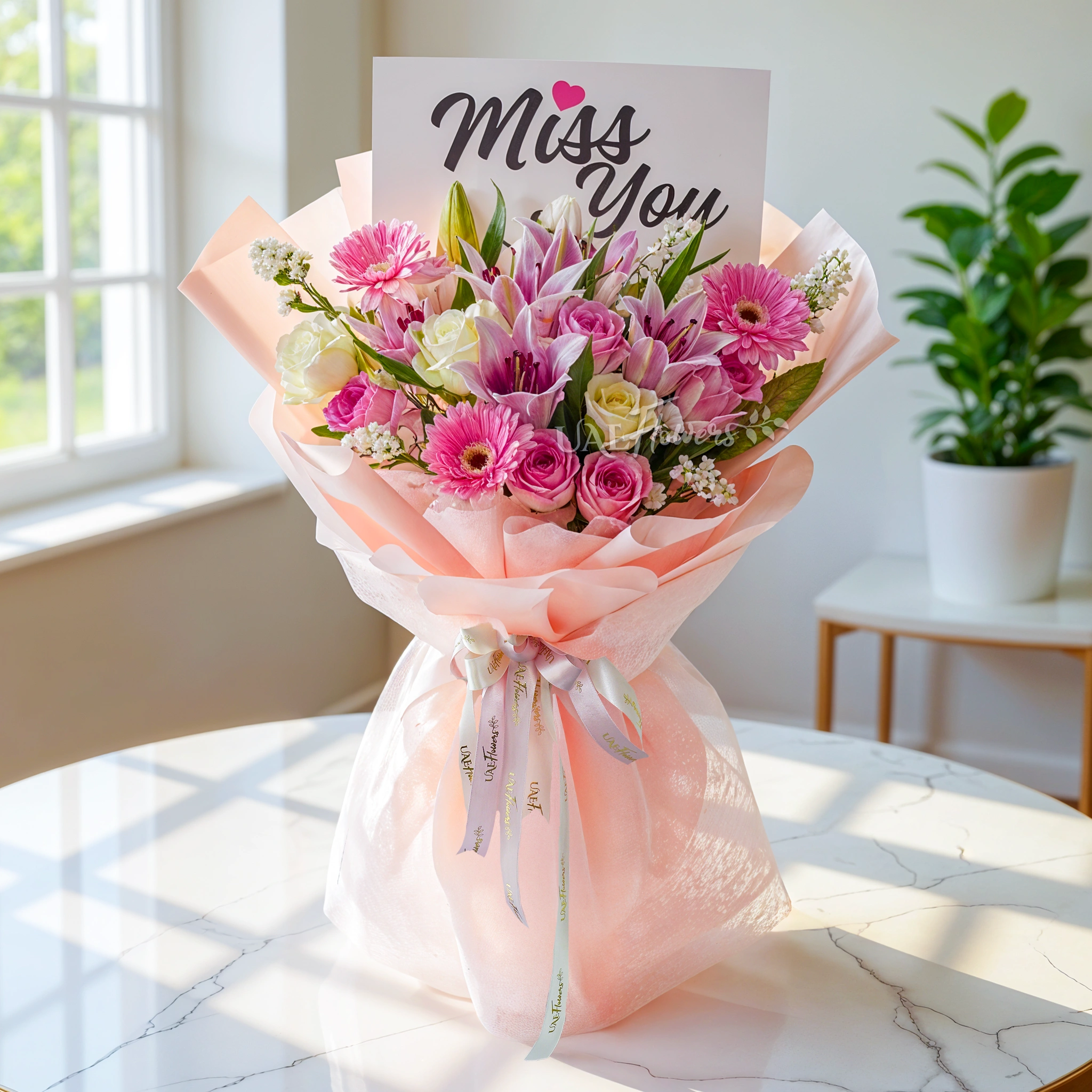 Bouquet of 5 pink roses, 5 white roses, 3 pink gerberas and 2 pink lilies with green fillers.