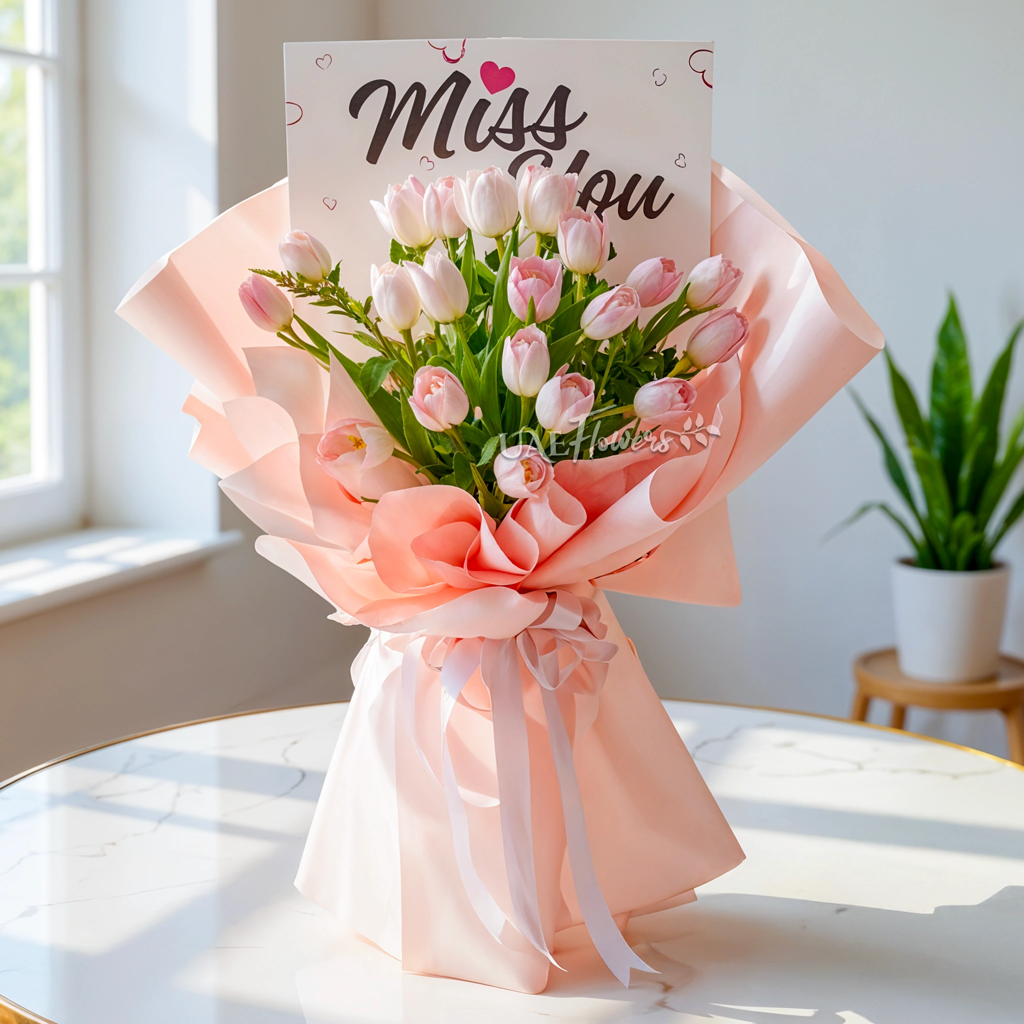 Bouquet of 20 pink tulips with green fillers and Miss You paper.