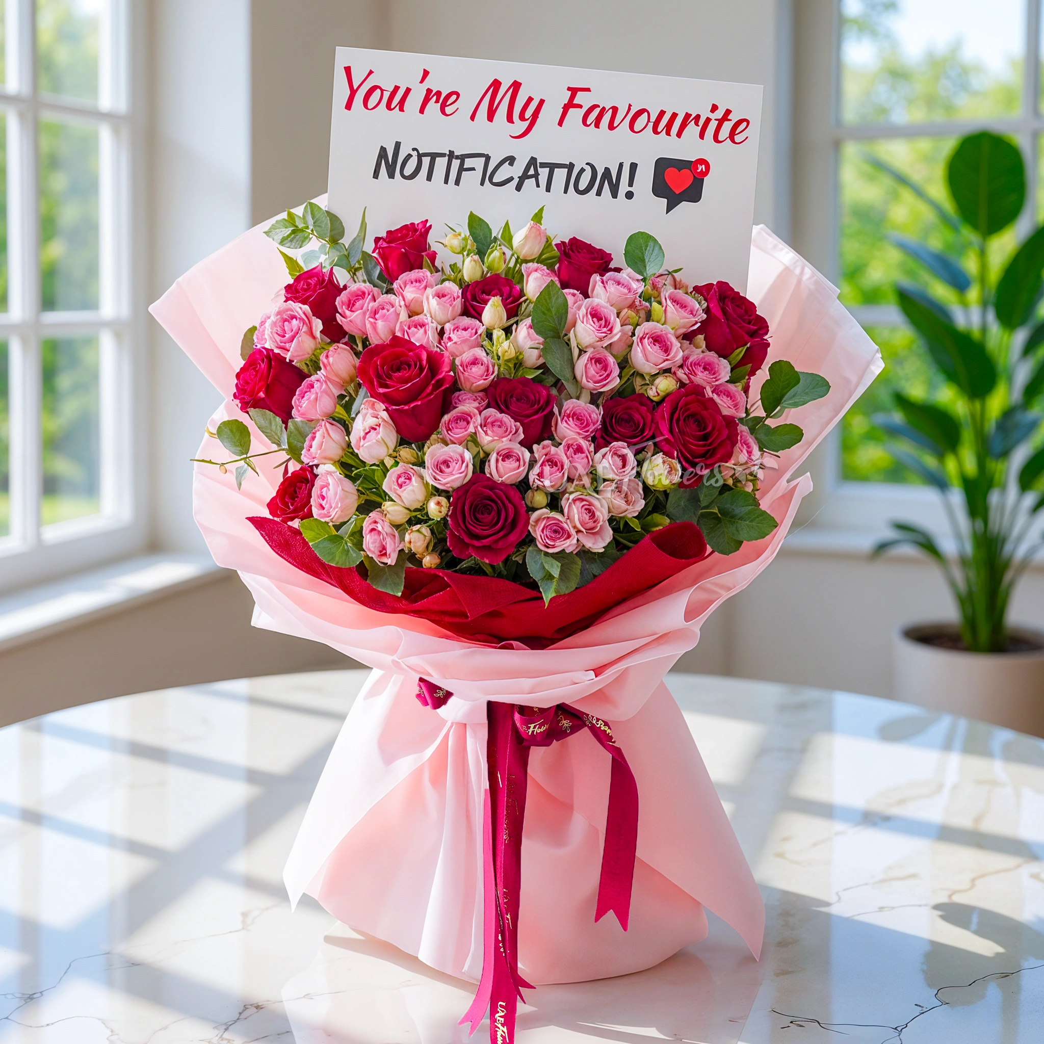 Bouquet of 12 red roses and 10 pink spray roses with green fillers.
