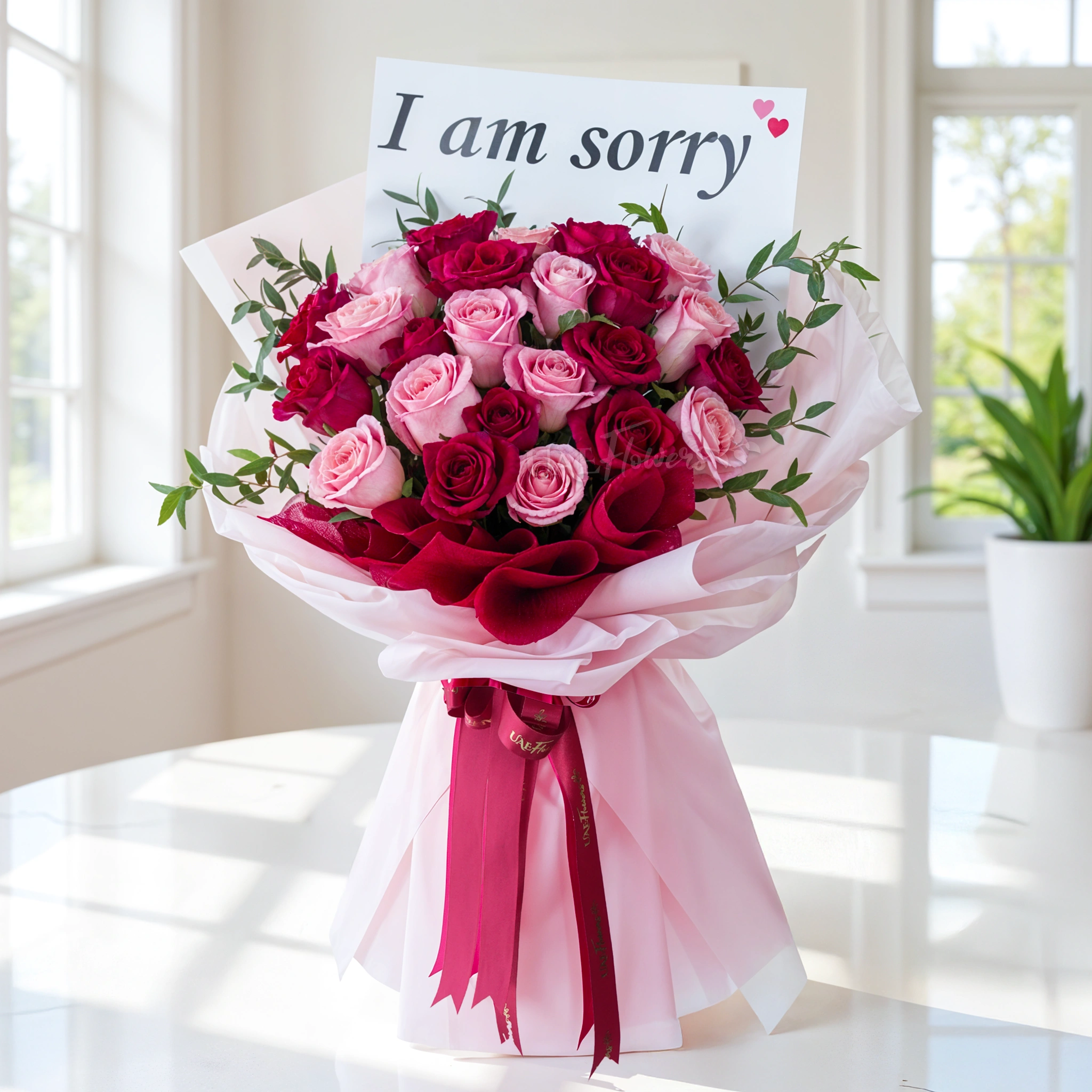 Bouquet of 24 red and pink roses with green fillers in nice wrapping.