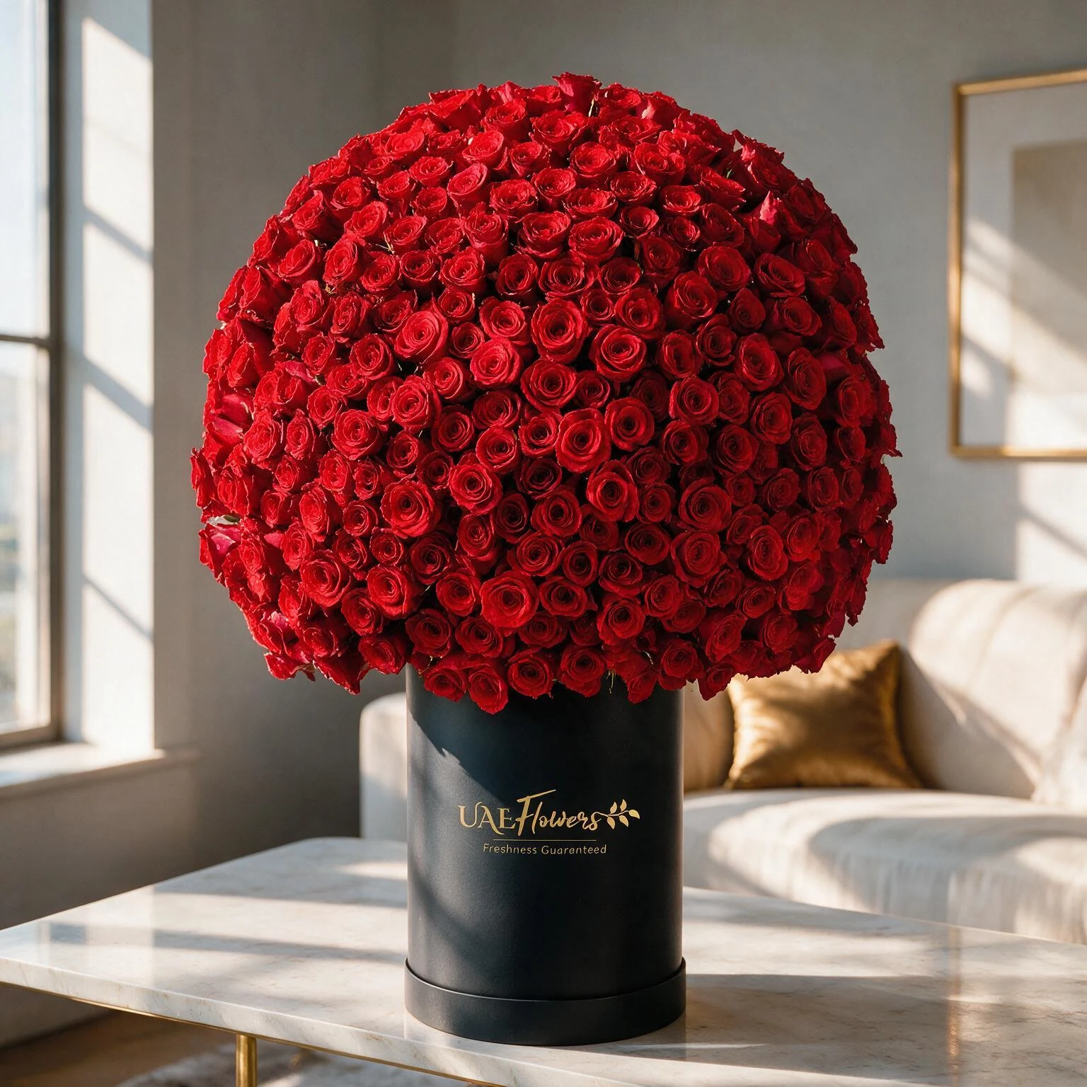 A massive dome of premium red roses densely arranged in a grand XXL luxury black cylinder box with the UAE Flowers logo, displayed on a marble table.