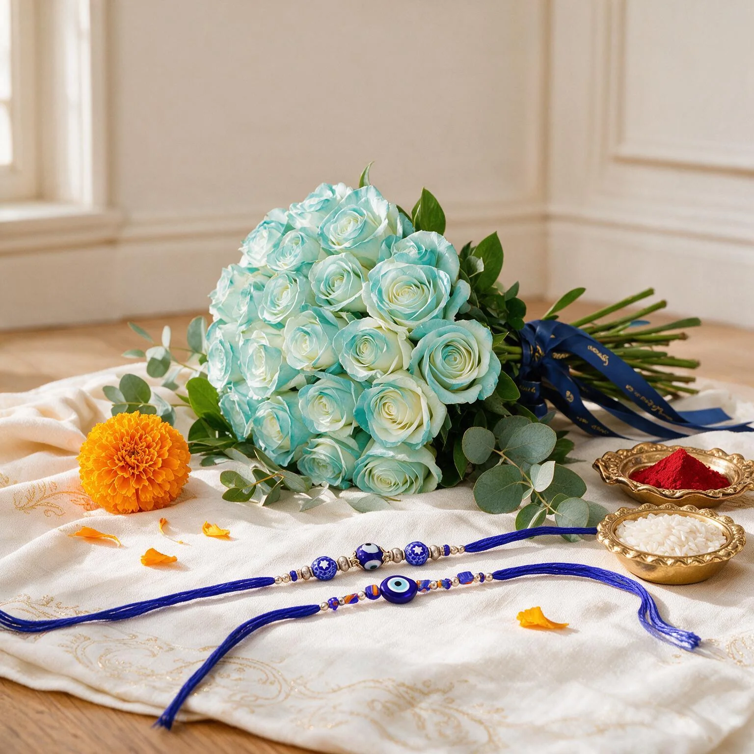 20 blue roses beautifully hand-tied with blue ribbons and rakhi
