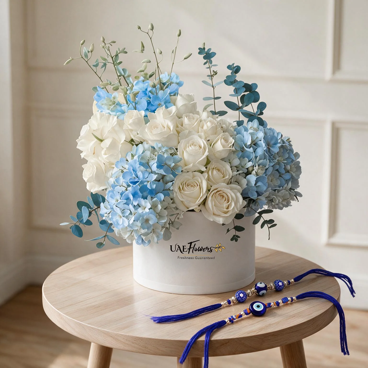 A box arrangement of 2 blue hydrangeas, 20 white roses, 5 blue orchids and blue sprayed eucalyptus leaf and rakhi