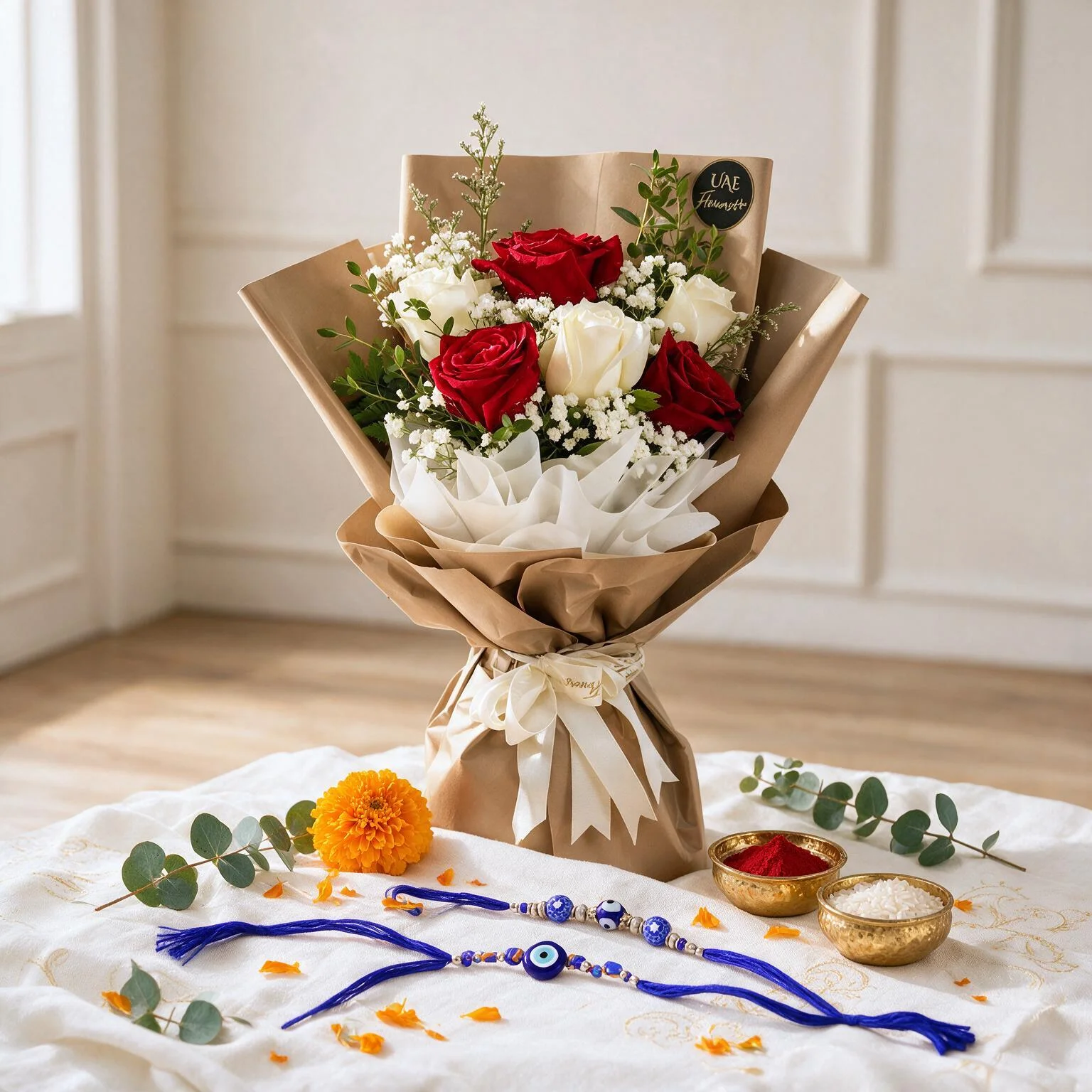 Bouquet of 3 red & 3 white roses with green fillers in paper packing tied with ribbons and rakhi