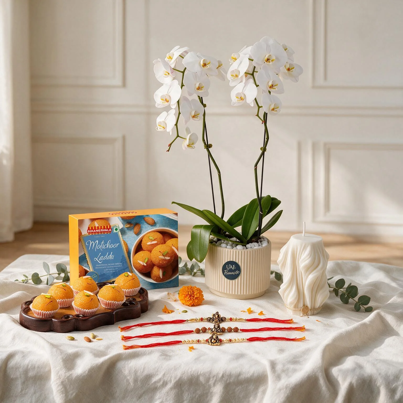 2 Stems of White Phalaenopsis Orchid in a Nice pot with 1 Kg Motichoor Laddu, rakhi and Ethereal Sculpted Candle