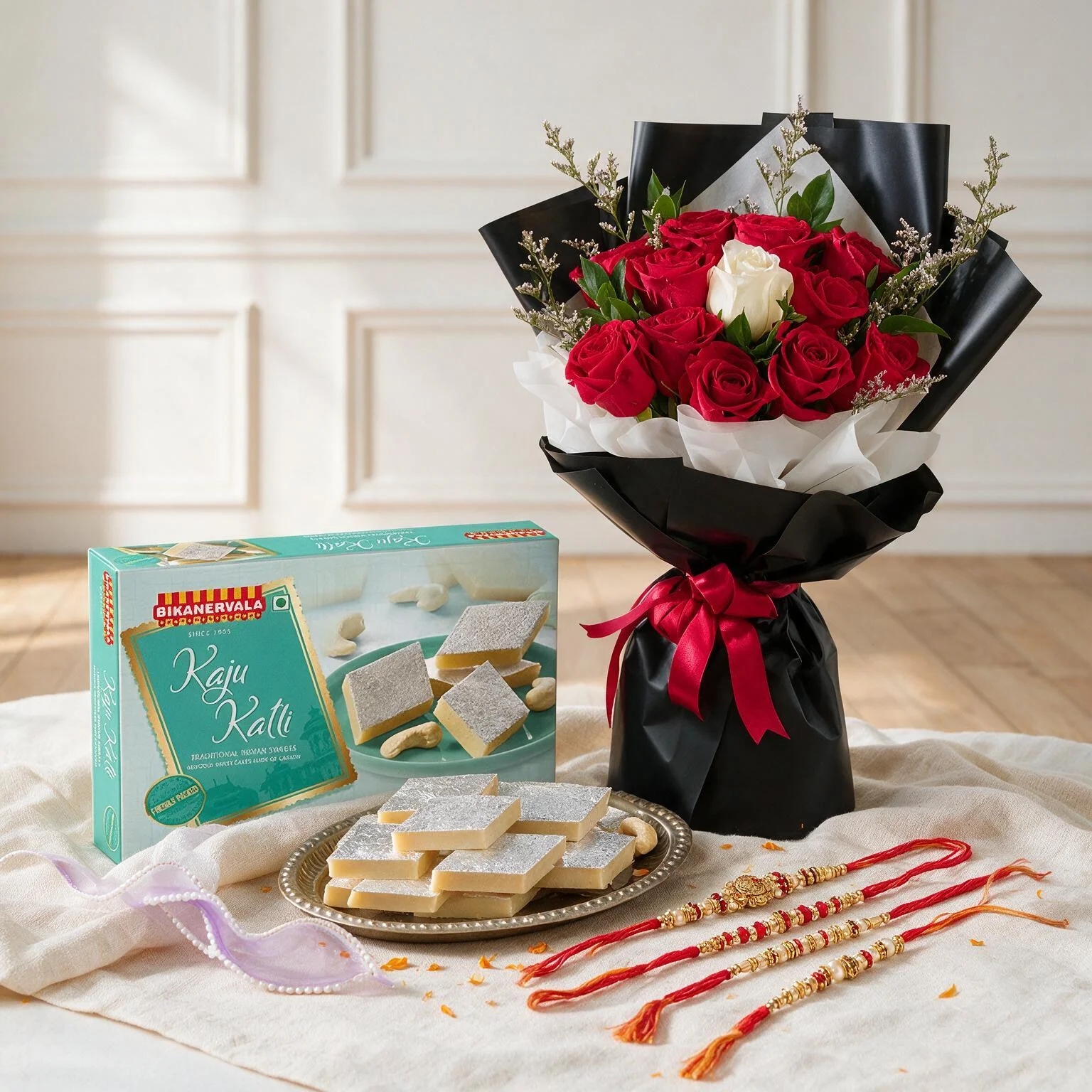 Bouquet of 12 red roses and 1 white rose in center with green fillers in paper packing tied with red ribbons with 1/2 Kg Kaju Katli and rakhi