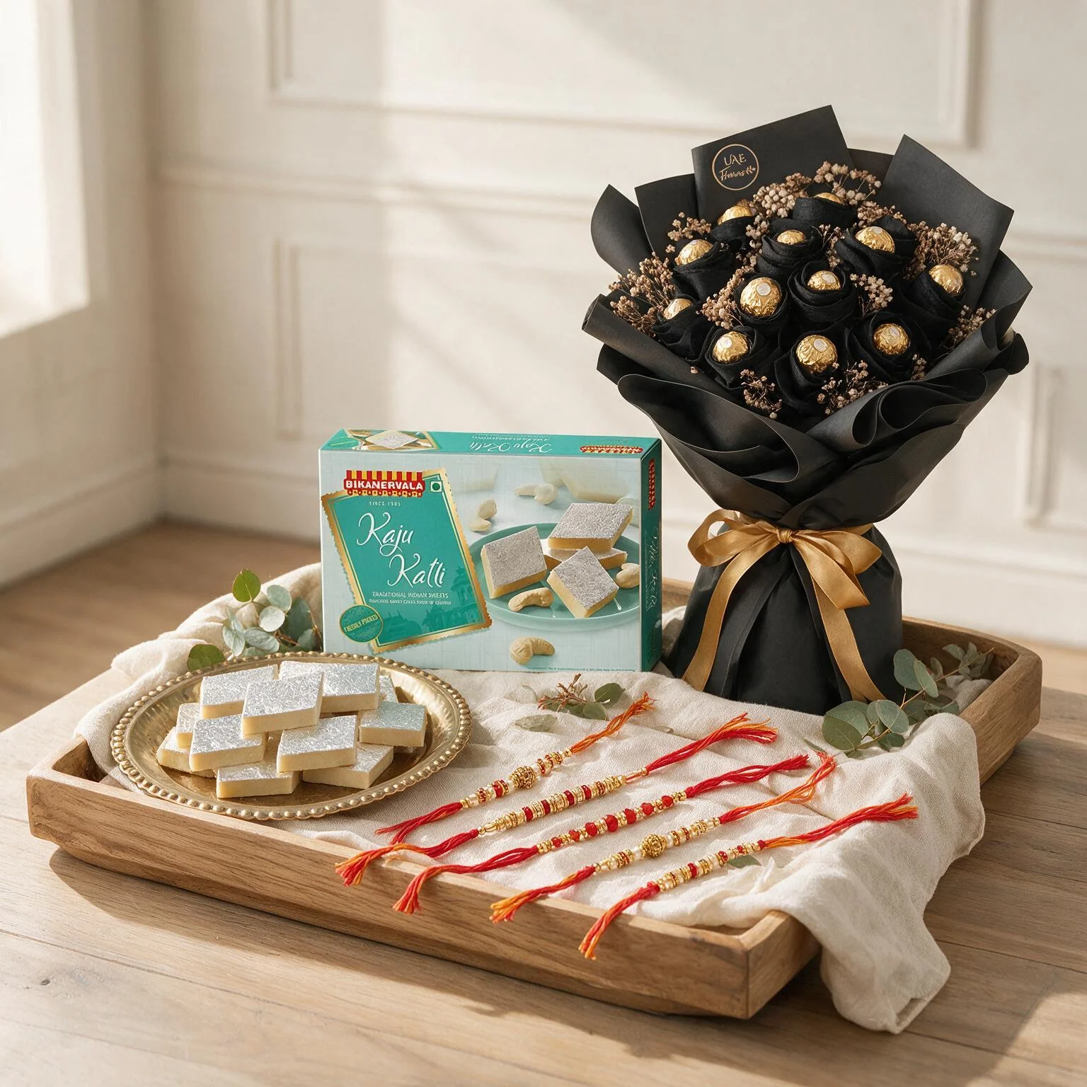 16pcs of ferrero rocher bouquet in black wrapping with 1/2 Kg Kaju Katli and rakhi