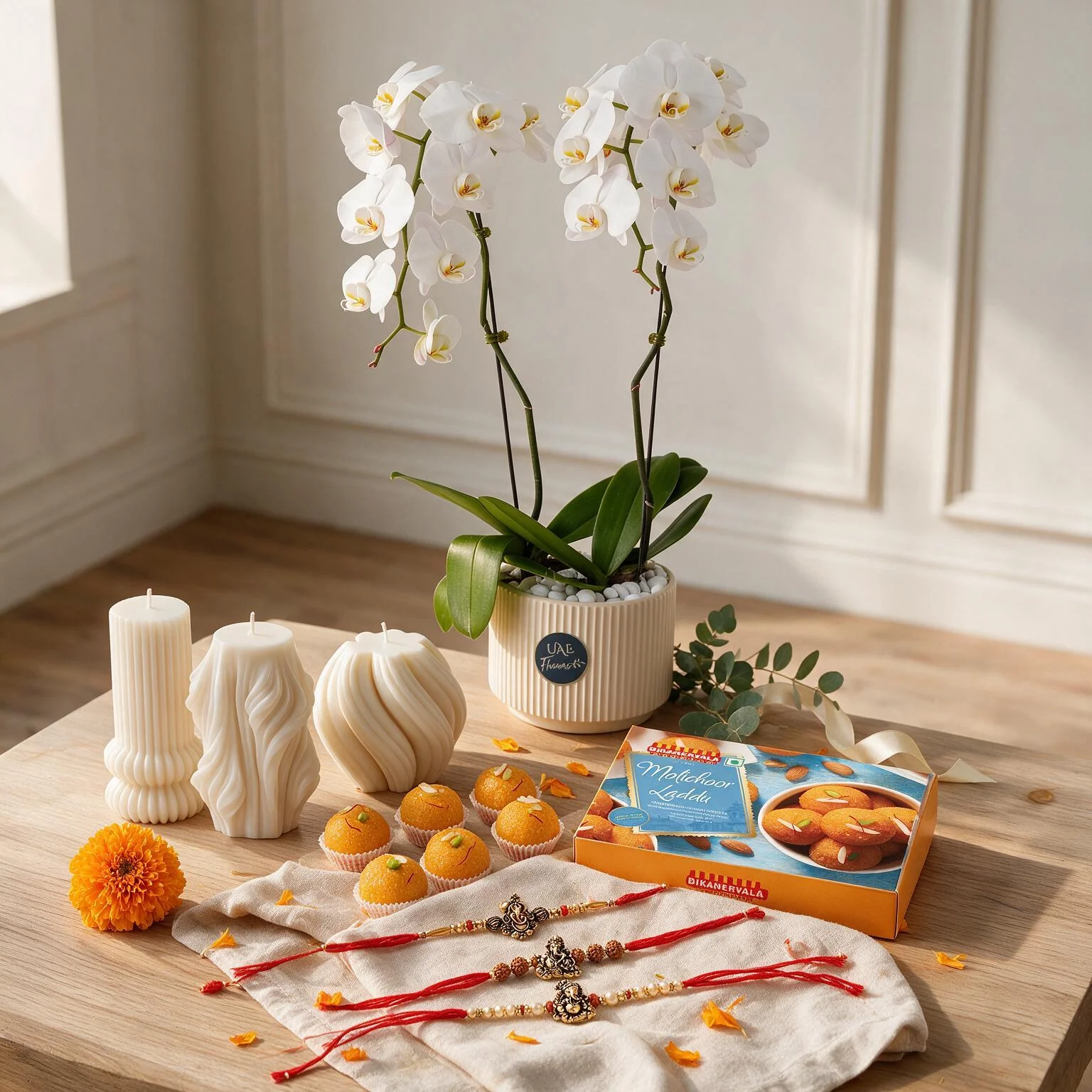 2 Stems of White Phalaenopsis Orchid in a Nice pot with 1 Kg Motichoor Laddu, rakhi and Ethereal Sculpted Candle, White Candle, Ivory Harmony Sculpted Candle