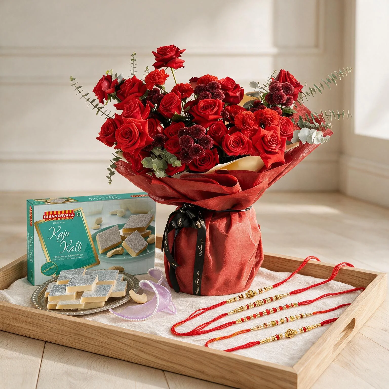 Bouquet of 10 red roses, 5 red spray roses and 3 red button chrysanthemums with eucalyptus leaf in red paper packing tied with black ribbon with 1/2 Kg Kaju Katli and rakhi