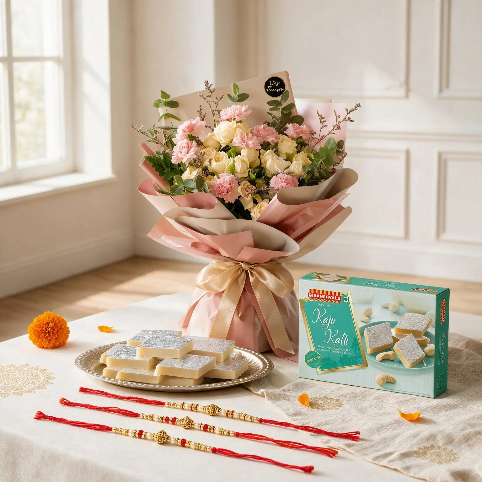 Bouquet of 8 pink carnations, 5 peach spray roses with green fillers in paper packing with ribbons with 1/2 Kg Kaju Katli and rakhi